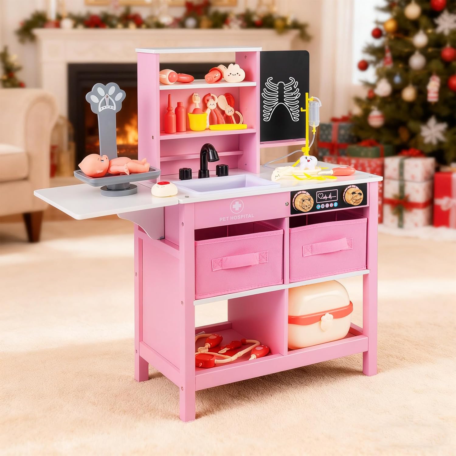 Costzon Kids Wooden Doctor Playset, Medical Activity Center Toy Set w/Blackboard, Pet Scale, Faucet, Sink, Folding Tabletop, Drawers, Carrying Case, Pretend Hospital Playset for Boys Girls 3+ (Pink)