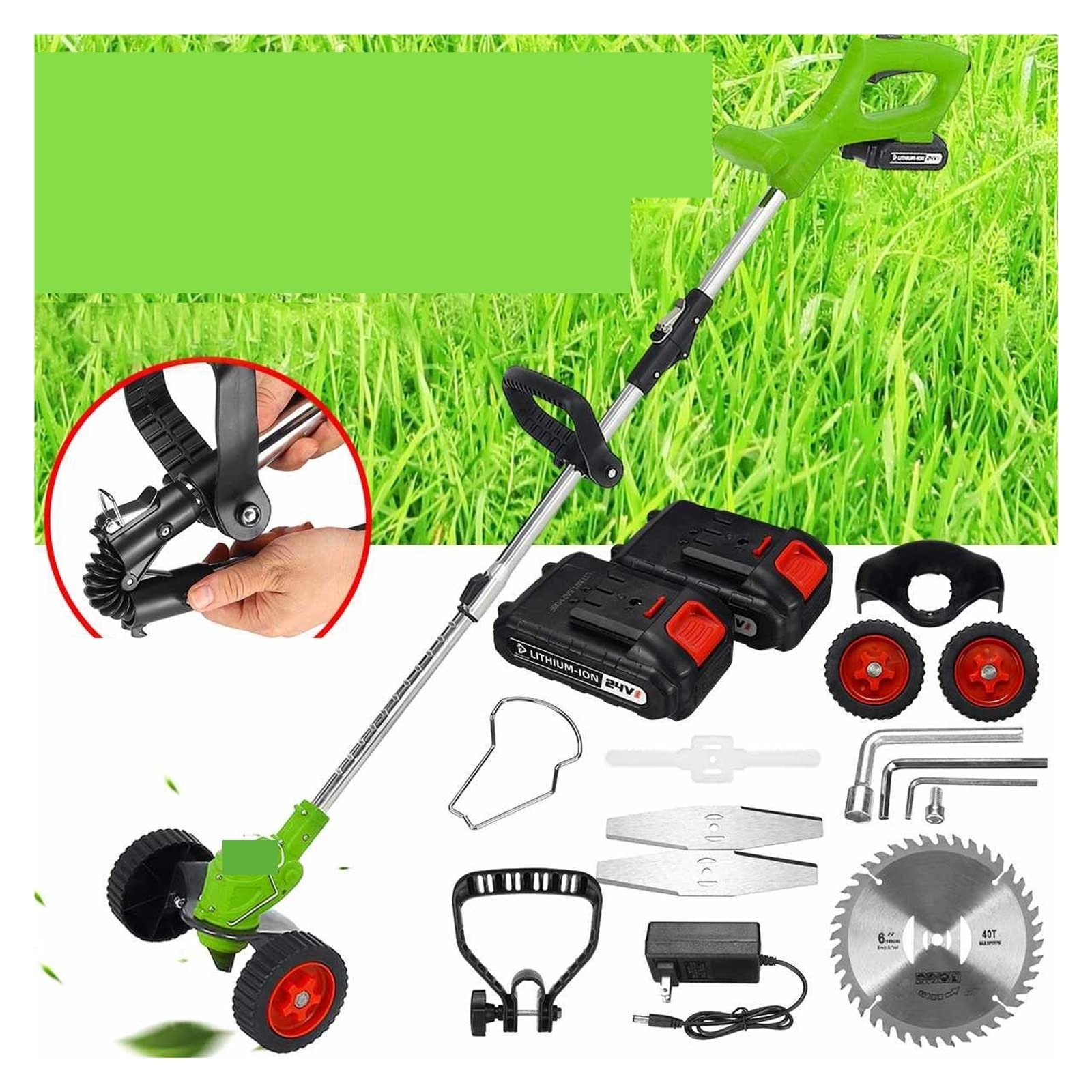 Kosiarka elektryczna, składana elektryczna podkaszarka do trawy 21 V 1800 W Bezprzewodowa kosiarka do picia do picia Narzędzia do przycinania ogrodu z 2 akumulatorami i kołami (kolor: zielony 2 akum