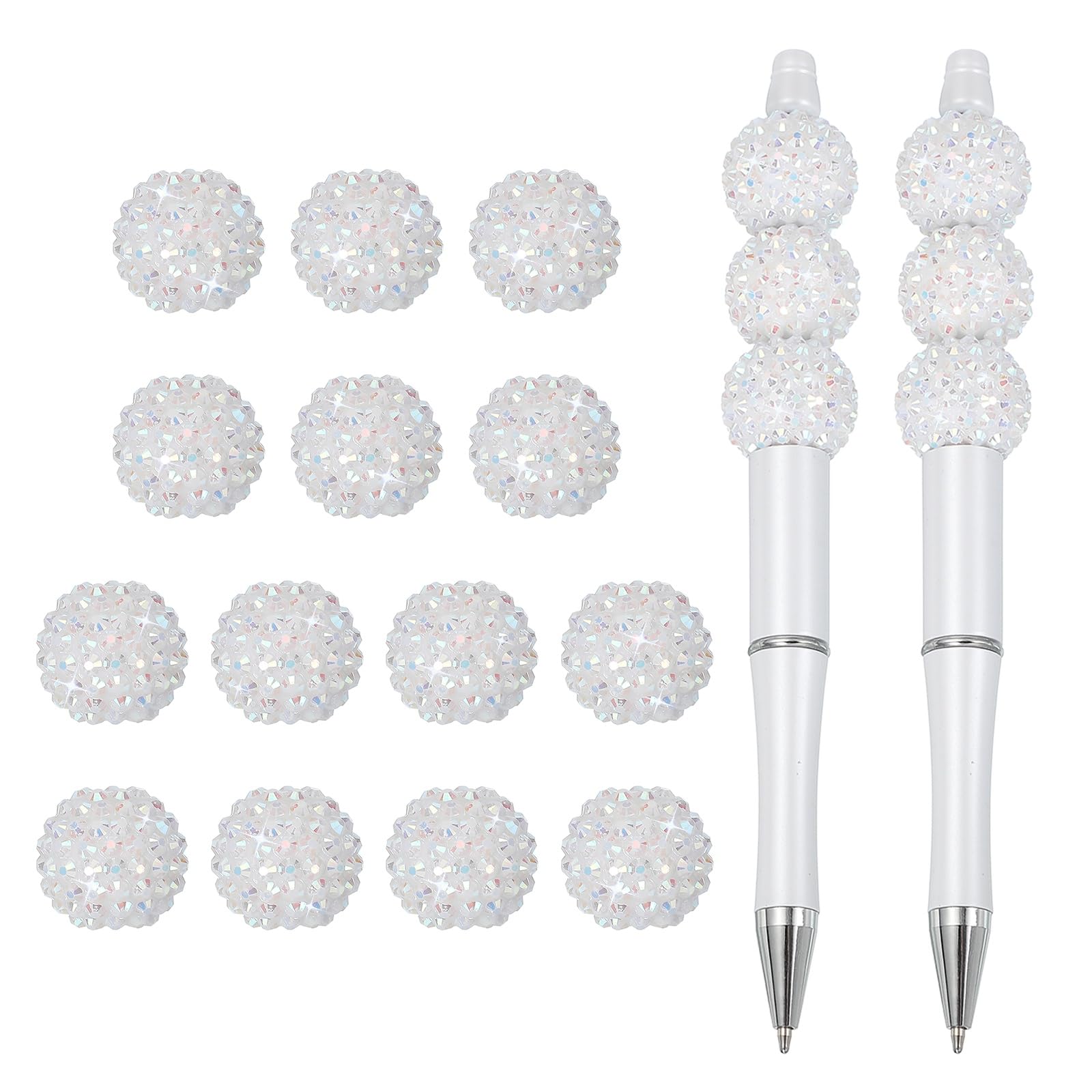 PATIKIL 20Pcs 20mm Rhinestone Beads for Pen, Beads with 2Pcs DIY Ballpoint Beadable Pens for Teacher Office DIY Crafts Party Decorations Handmade Supplies, White