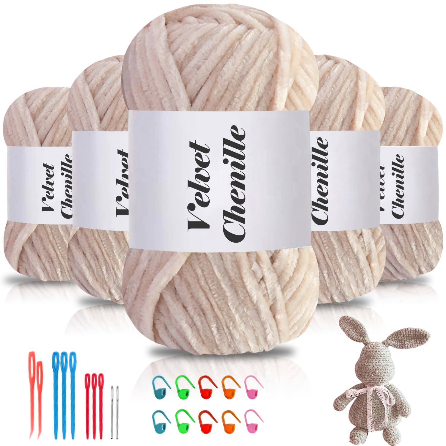 Maxee Samtig Babywolle, Samt Chenille Garn mit Häkelwerkzeuge, Kuschelweich Velvet Chenillegarn Flauschige, Weich Plüschwolle Häkelgarn Wolle zum Stricken & Häkeln