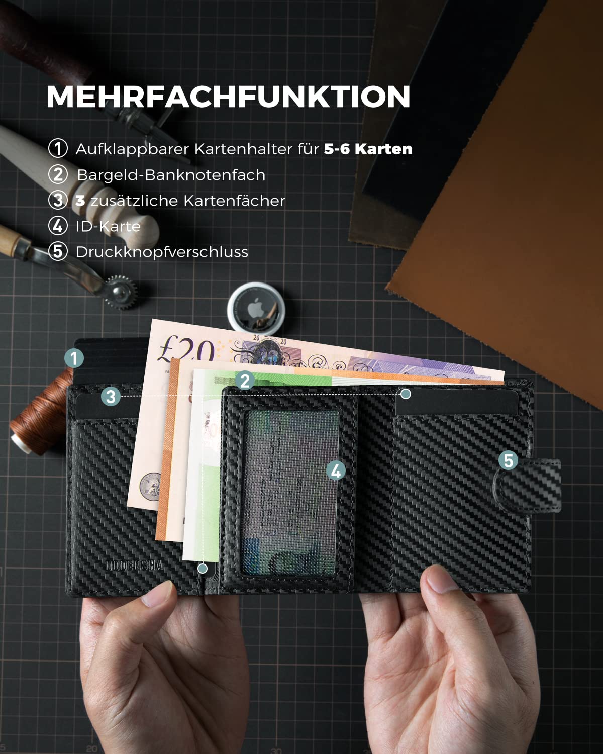 DODENSHA Kreditkartenetui geldbörse Herren RFID-Kreditkartenetui mit Münzfach, automatisches Pop-up-Kartenetui aus Aluminium für 8-10 Karten, Ausweisfenster | Carbon