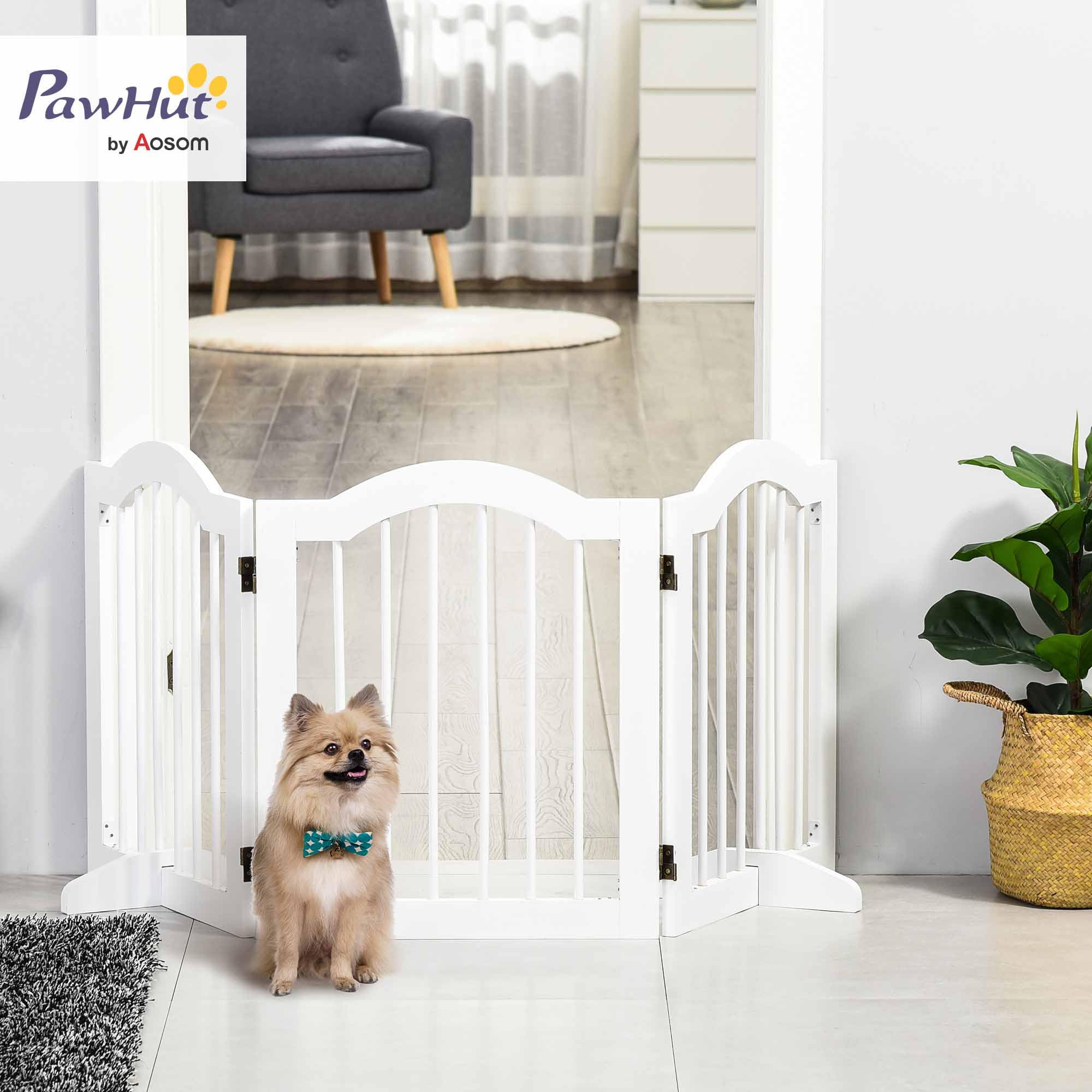 PawHut Barrera de Seguridad para Perros Pequeños Plegable 154,5x61 cm Barrera para Perros en Casa de 3 Paneles con Patas Anchos para Escaleras Pasillos Blanco