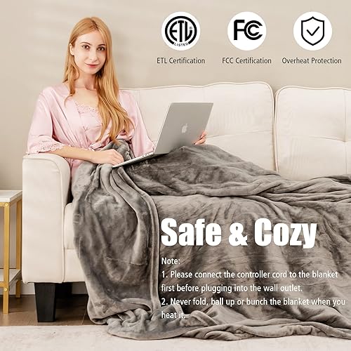 Miniatura 3 de Onnertune - Manta eléctrica tamaño Queen 84 x 90 pulgadas manta térmica de franela de doble control 10 niveles de calefacción apagado automático de