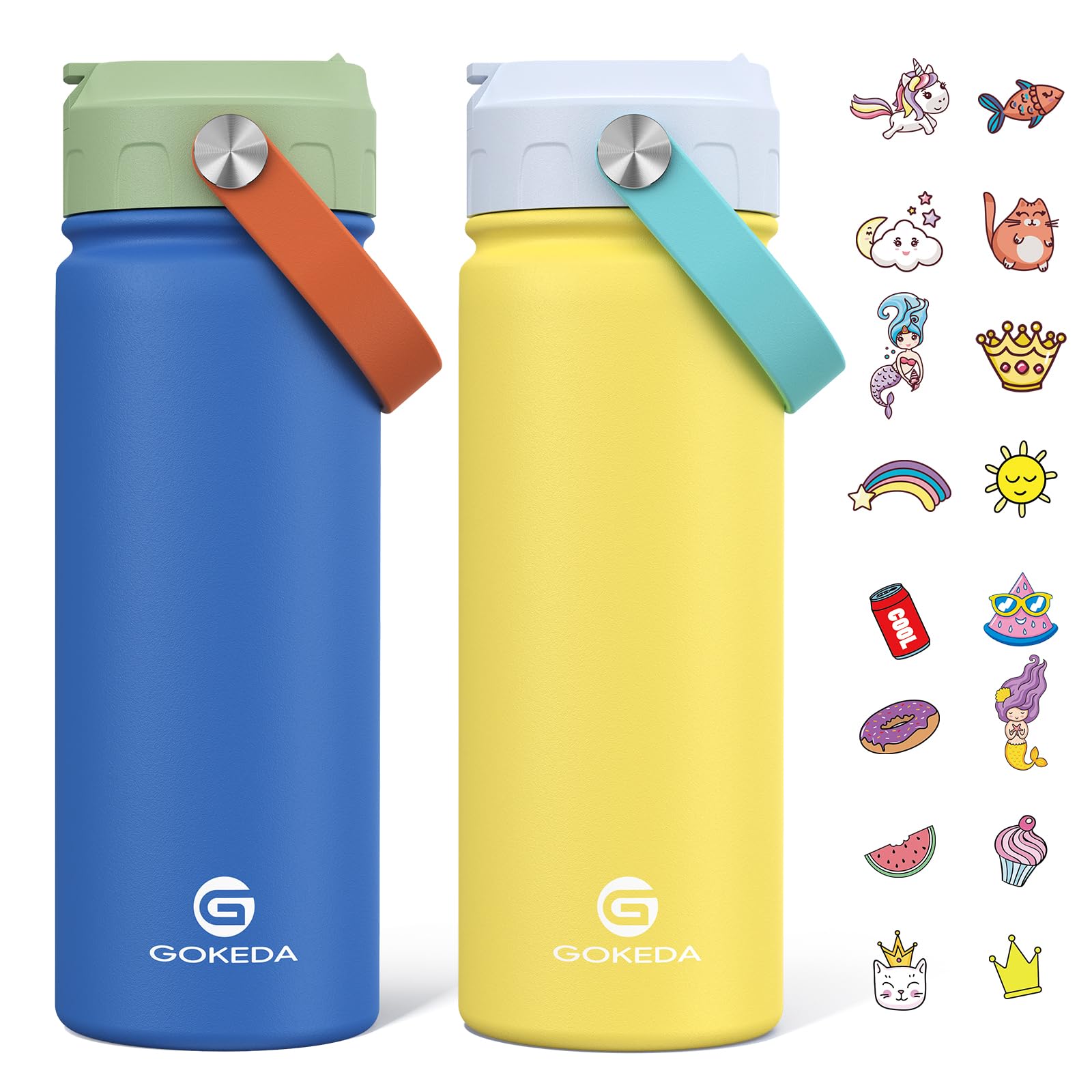 GoKEDA 18oz Kids Water Bottle, 2 Pack Insulated Bottles with Stickers, 18/8 Stainless Steel Vacuum Leak Proof Straw Cup for School, Gifts for Boys
