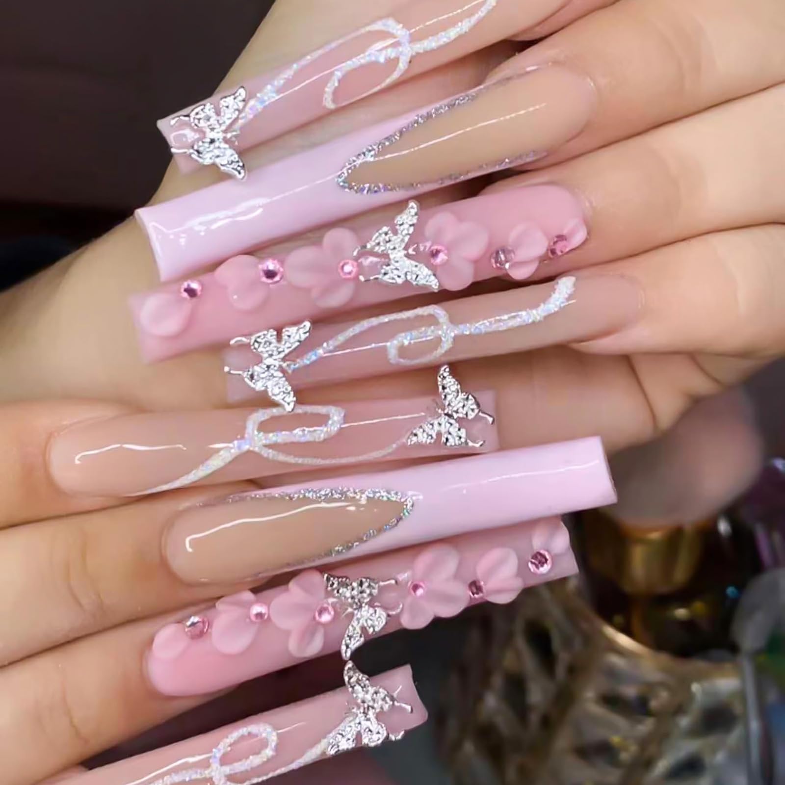 RUOKEXIN Pink French Tip Press on Nails Long Coffin Fake Nails Acrylic False Nails with 3D Silver Butterfly Designs Glitter Nail Press ons Glossy