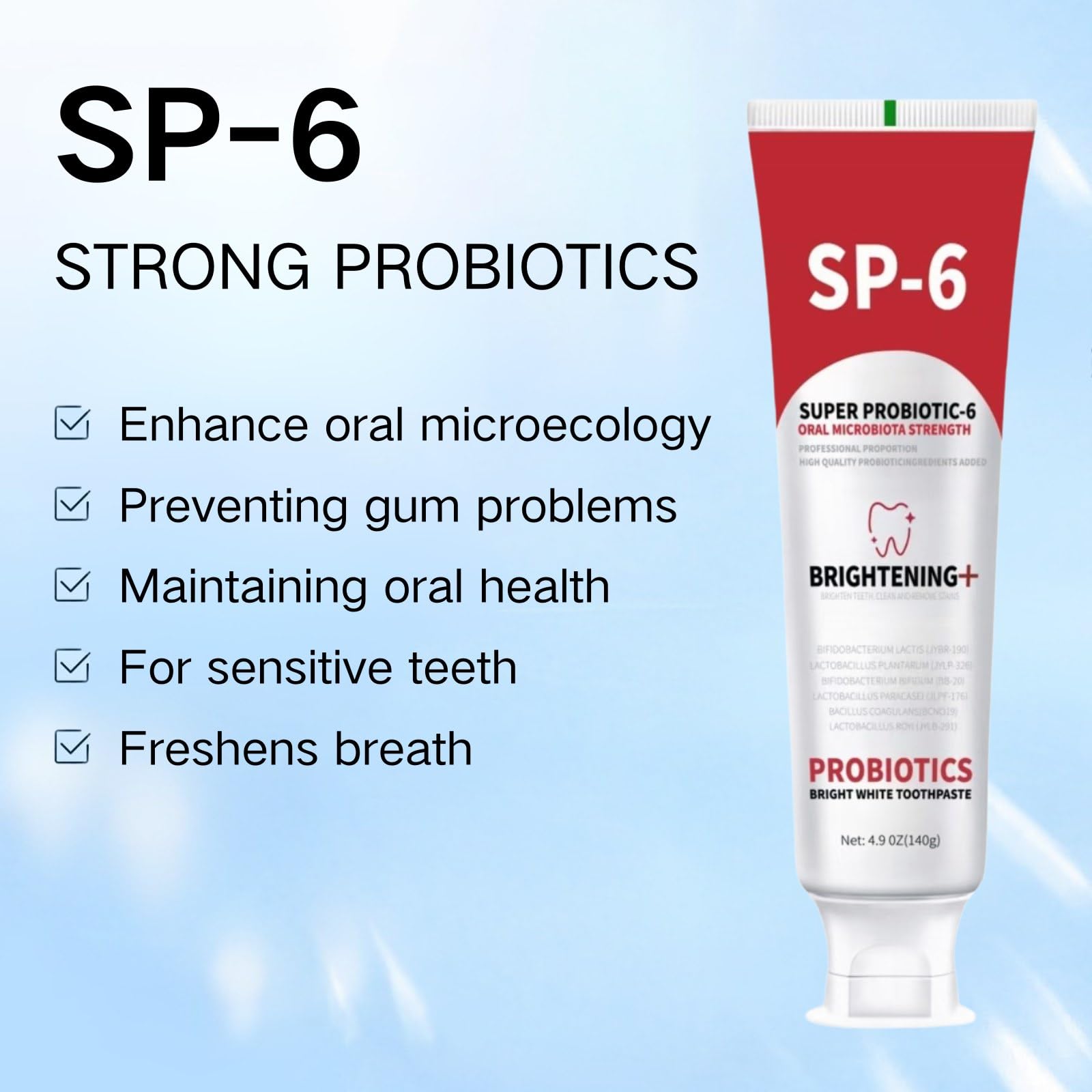 2 PCS SP-6 Probiotic Whitening Toothpaste, for Teeth Whitening and Gum Health, Enhanced Formula with 6 Probiotics, Fluoride-Free, Minty Fresh Flavor, 4.9 oz (2)