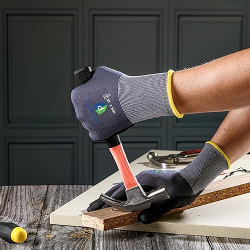 Miniatura 4 de PROMEDIX P Guantes de trabajo recubiertos de nitrilo, 12 pares de guantes de trabajo de seguridad para hombre, EN388-4131, guantes de nailon y