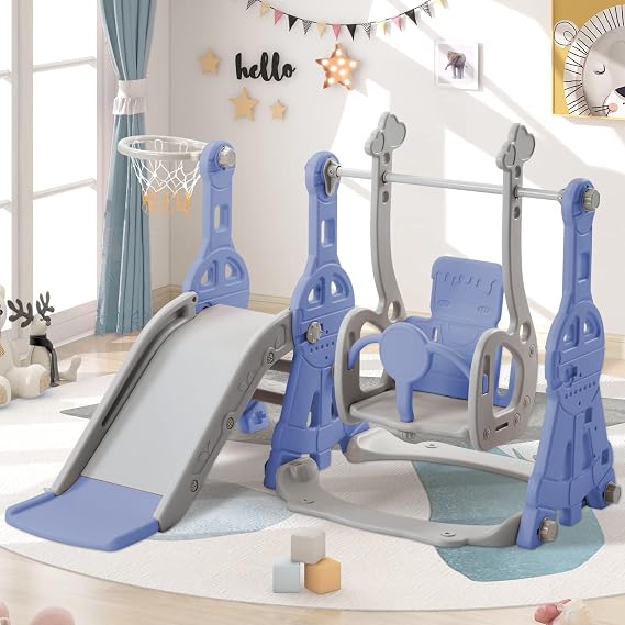 LIVLUX Toboggan 4-en-1 avec Balançoire et Mur d'Escalade Motif Lapin