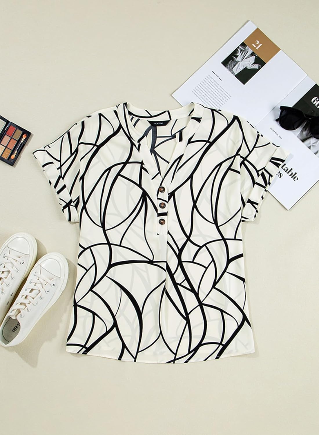 Dokotoo Women’s Summer Short Batwing Sleeve Button Shirts Business Casual Striped Color Block V Neck Lightweight Tops Blouses - Image 5