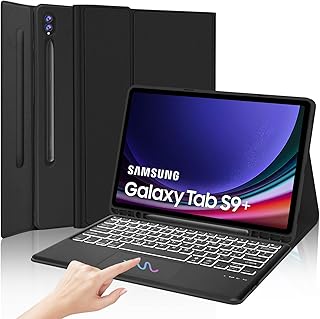 لوحة مفاتيح بلوتوث بإضاءة خلفية إيطالي بجراب لجهاز سامسونج جالكسي تاب S9 بلس 2023، لون أسود، مقاس 12.4 بوصة