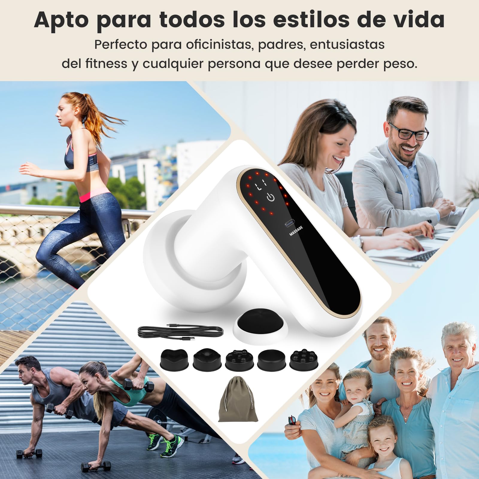 Masajeador Anticelulitico Reductor Eléctrico, Masajeador Lipedema Corporal con 5 Cabezales Intercambiables y 1 Funda de Tela, 6 Niveles de Intensidad y 3 Modos, para Brazos, Abdomen y Piernas