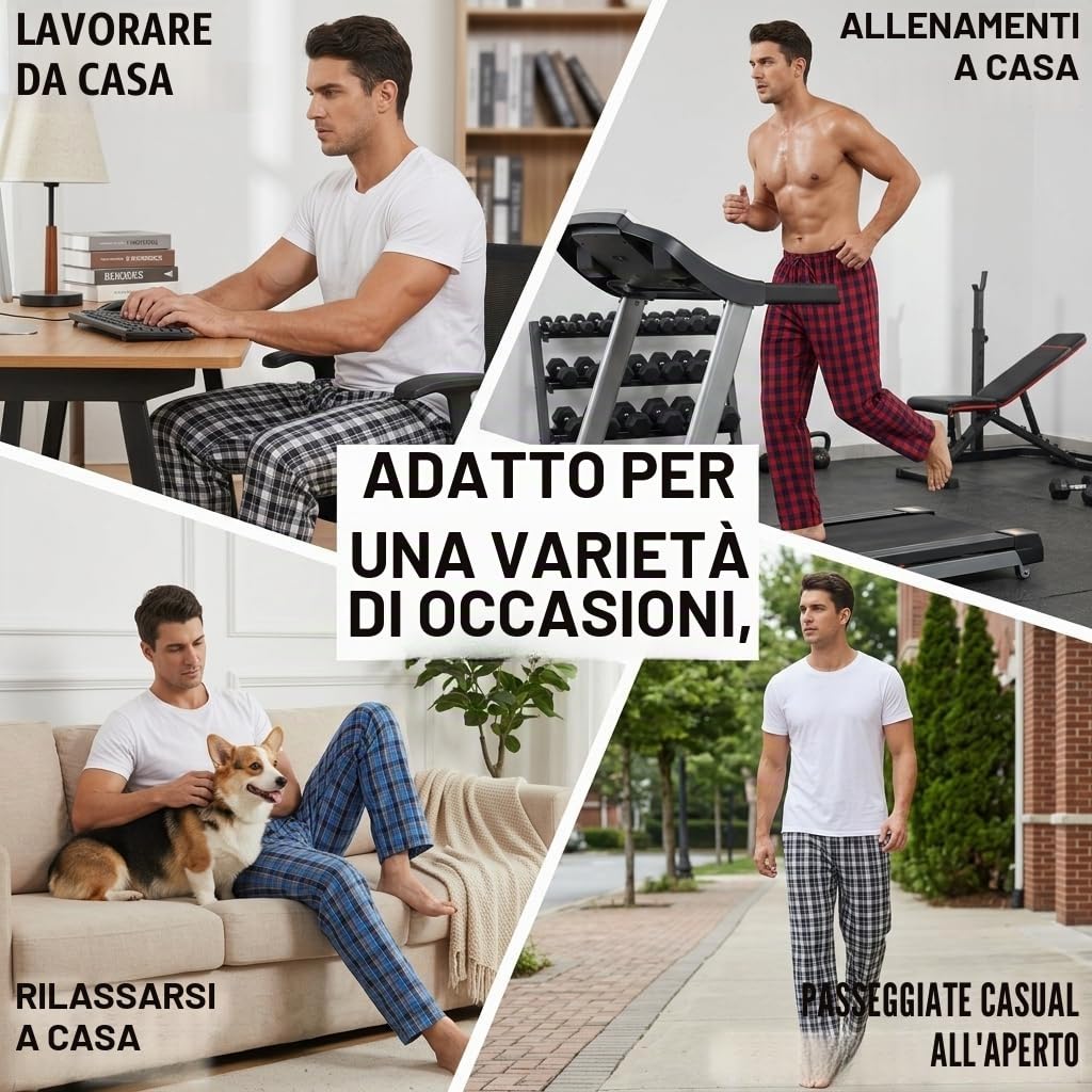YUSHOW Pantaloni Pigiama Uomo Cotone a Quadretti Comodo Pantaloni da Notte Lunghi con Tasche Coulisse per Casa Pacco da 2