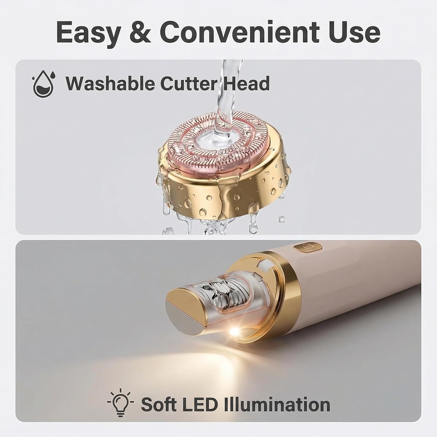 2-in-1 Women's Epilator & Shaver, 18K Gold Floating Head, LED Light, Washable Painless Hair Removal for Sensitive Skin (White)