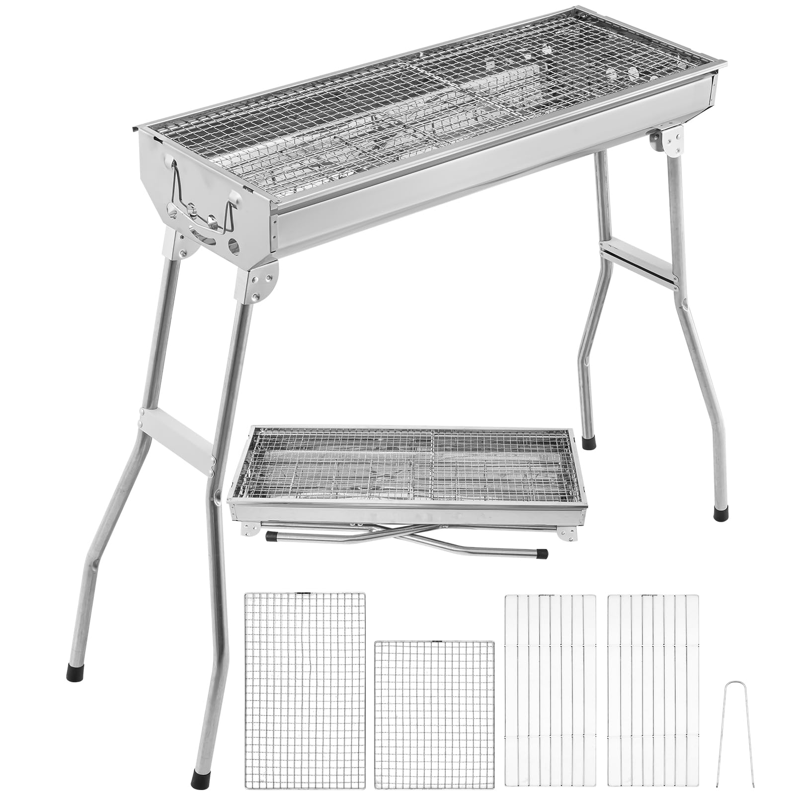 Barbacoa de carbón vegetal, XXL, parrilla de carbón portátil, parrilla plegable de acero inoxidable, barbacoa al aire libre con tabla de especias, cesta de almacenamiento, parrilla de carbón plegable