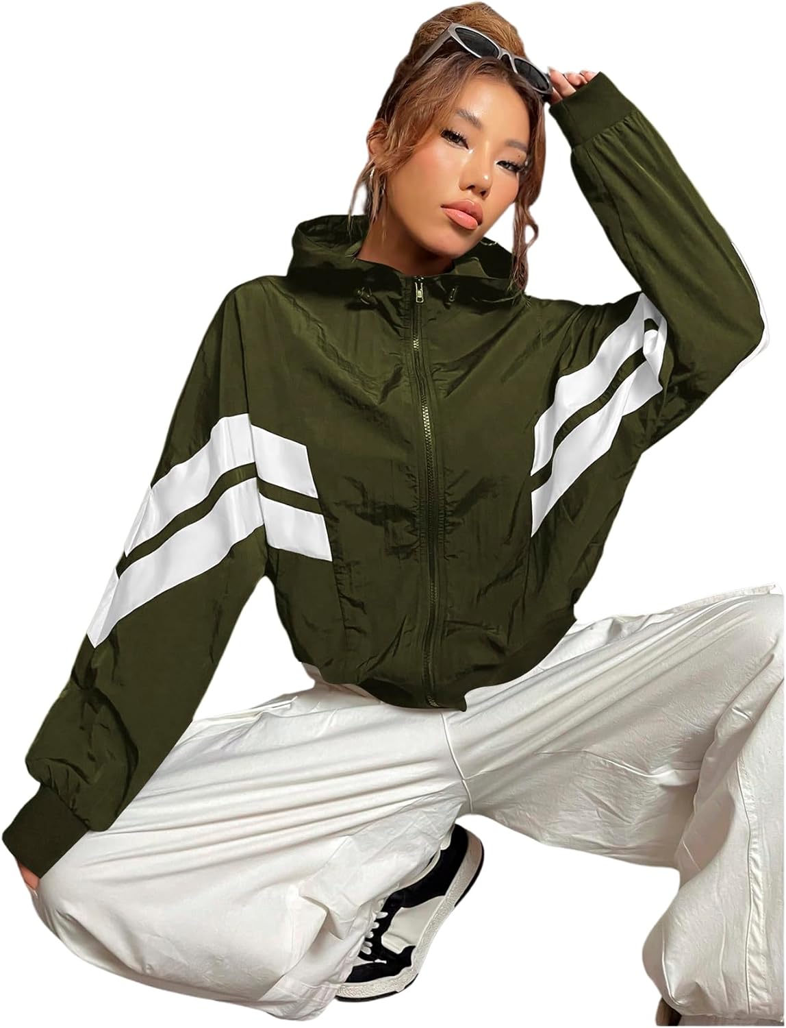 Verdusa Women's Color Block Zip Up Hooded Jacket Outerwear Loose Windbreaker Jackets - Image 4