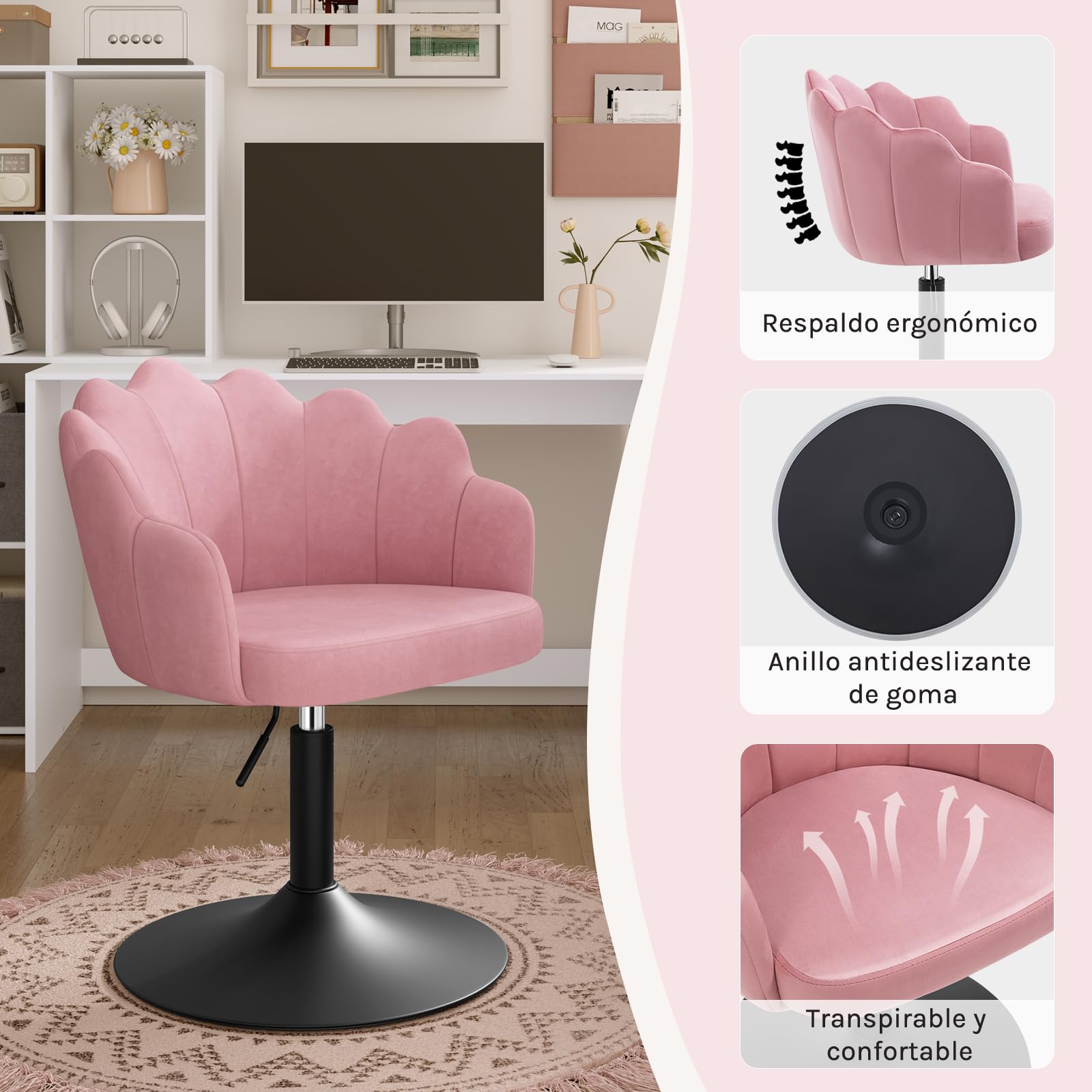 WOLTU Taburete de Tocador con Respaldo Pétalo en Terciopelo, Rosa | Altura Ajustable, Giratorio, para Tocador, Dormitorio, Oficina en Casa y Salón