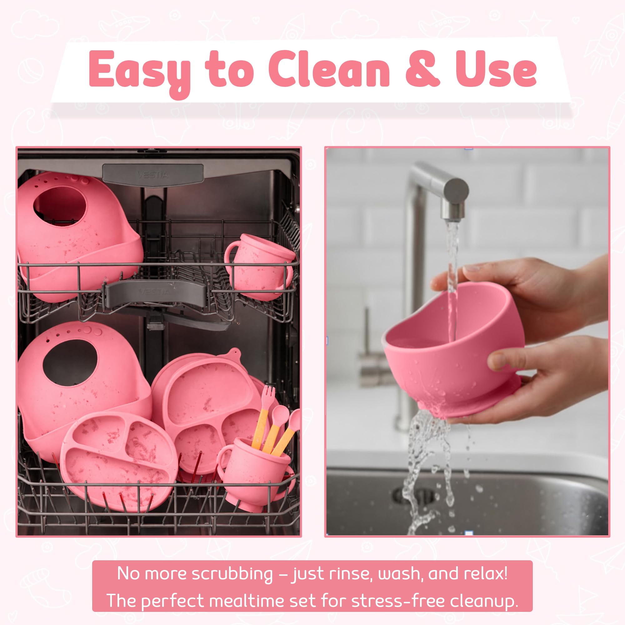 Set per lo svezzamento del bambino, in silicone rosa, con piatto, ciotola, tazza, cucchiaio, forchetta, bavaglino, 11 pezzi, per uso alimentare, lavabile in lavastoviglie (rosa)