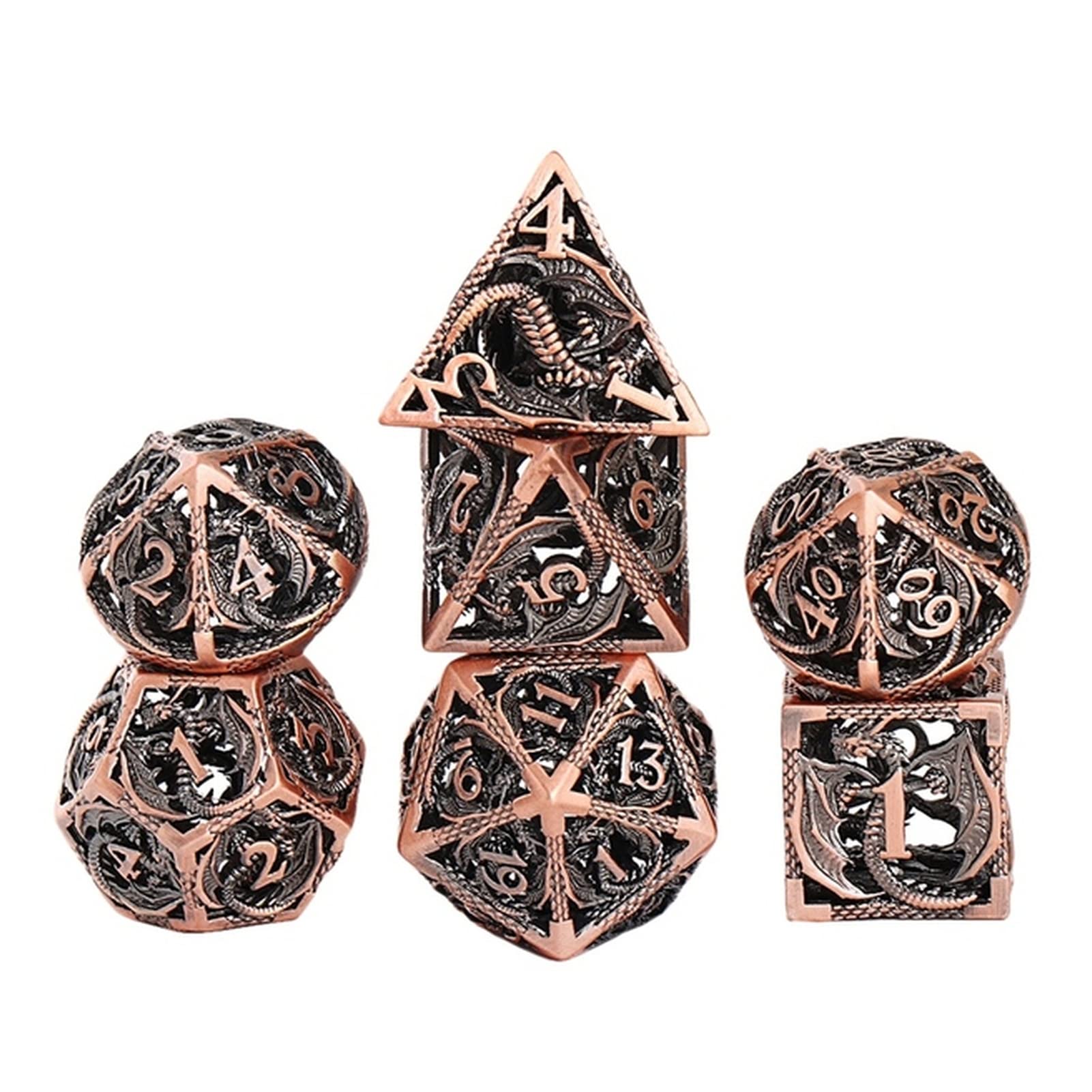Dados 7 unids Mini Dados de Metal Hueco Set Hollow out Dados Polyhedral Dados for Jugar Juego Dado Gigante(Red Copper)