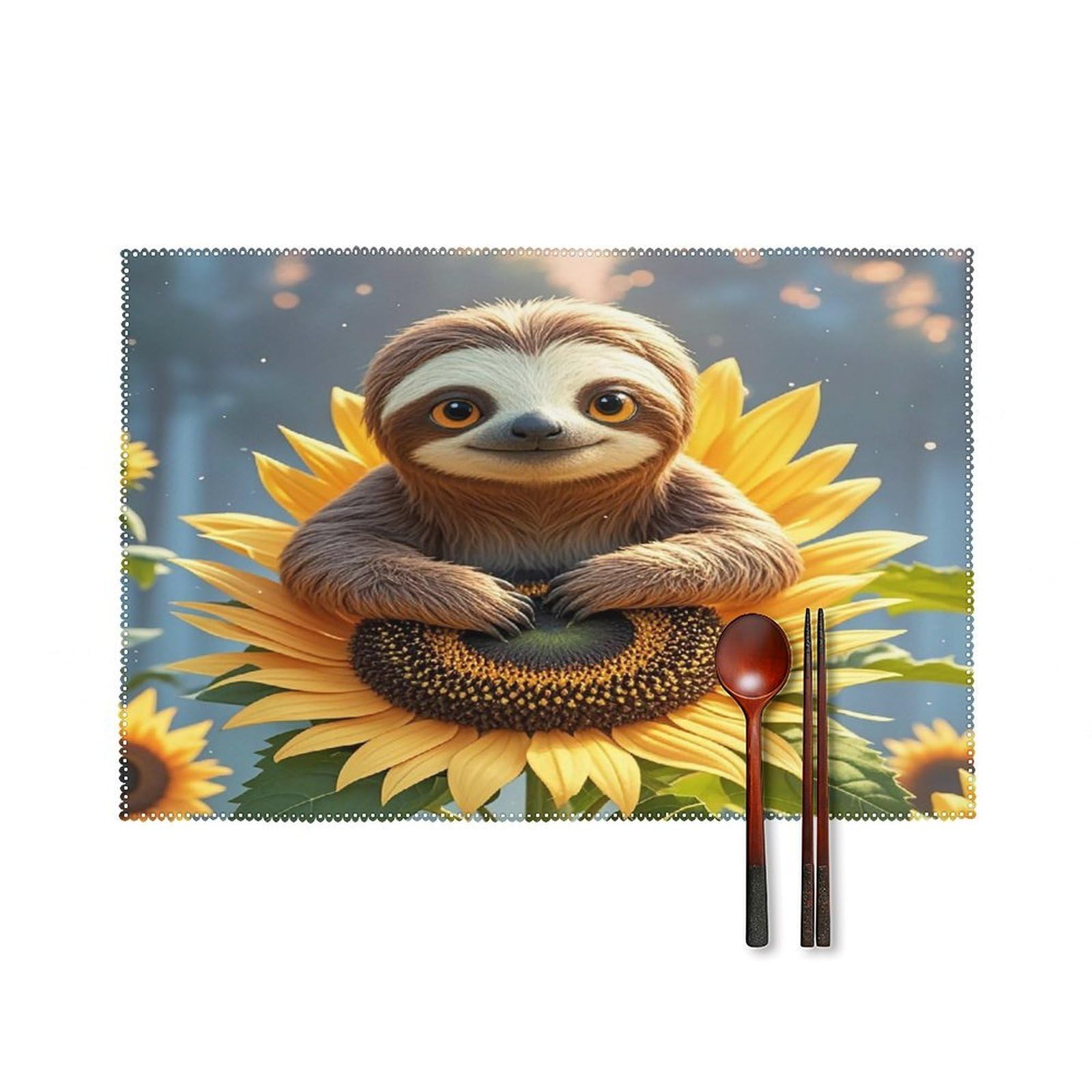 Cartoon Sloth Sitting on Sunflower Placemats Set of 6 Washable Farmhouse Dining Table Mat Non Slip Heat Resistant Non-Slip Place Mats Easy Clean Table Protective Placemats for Indoors & Outdoors