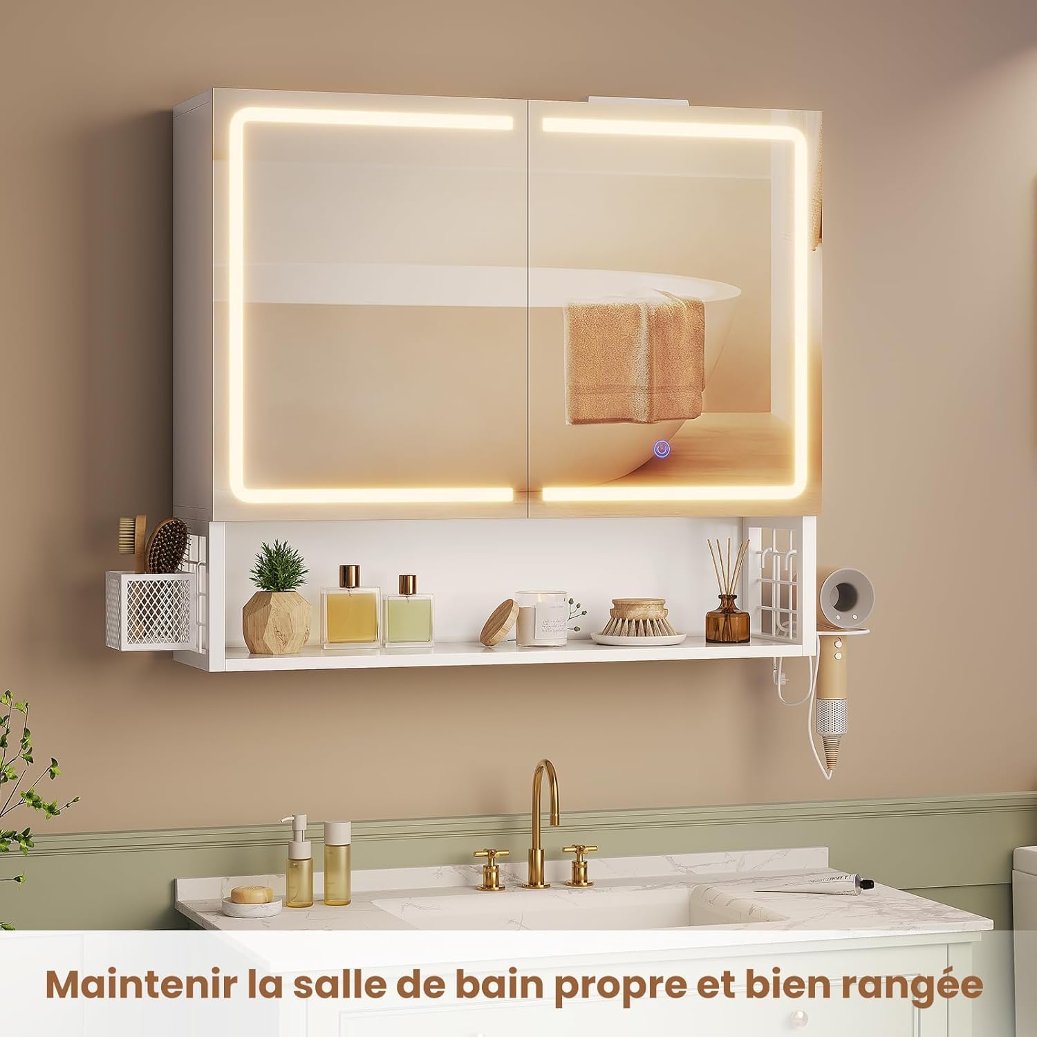 Specchio Bagno 70x16x60 cm con Luce LED Regolabile, Specchio Bagno Contenitore con Mensole Regolabili, Mobile Specchio Bagno con Presa Elettrica e Supporto per Asciugacapelli, Controllo Touch