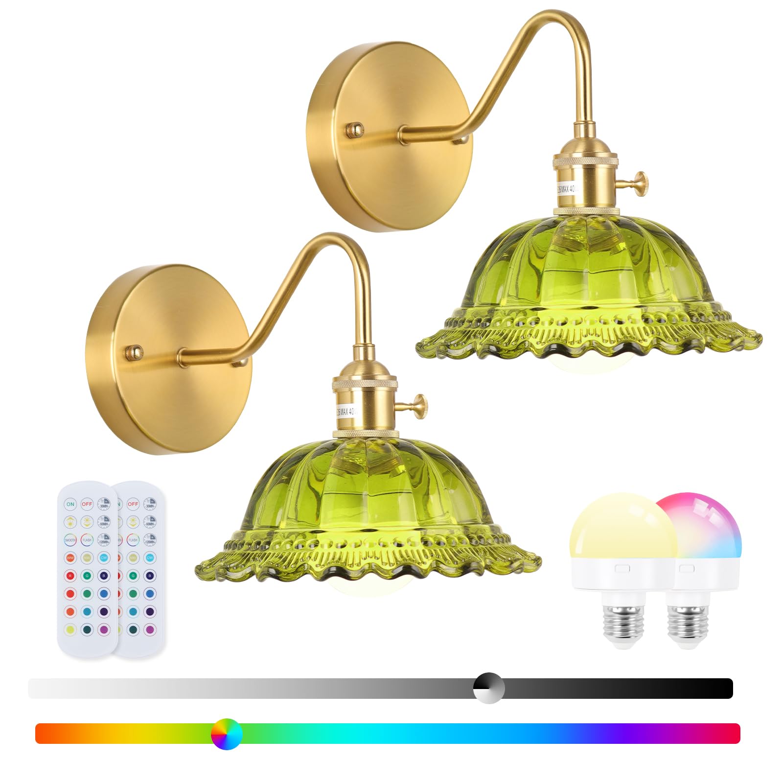 Battery Operated Wall Sconce Vintage, Wireless Rechargeable RGB Wall Light Set of 2，Green Glass Lampshade Wall Lights with Remote Control for Bedroom,Bedside,Mirror,Living Room