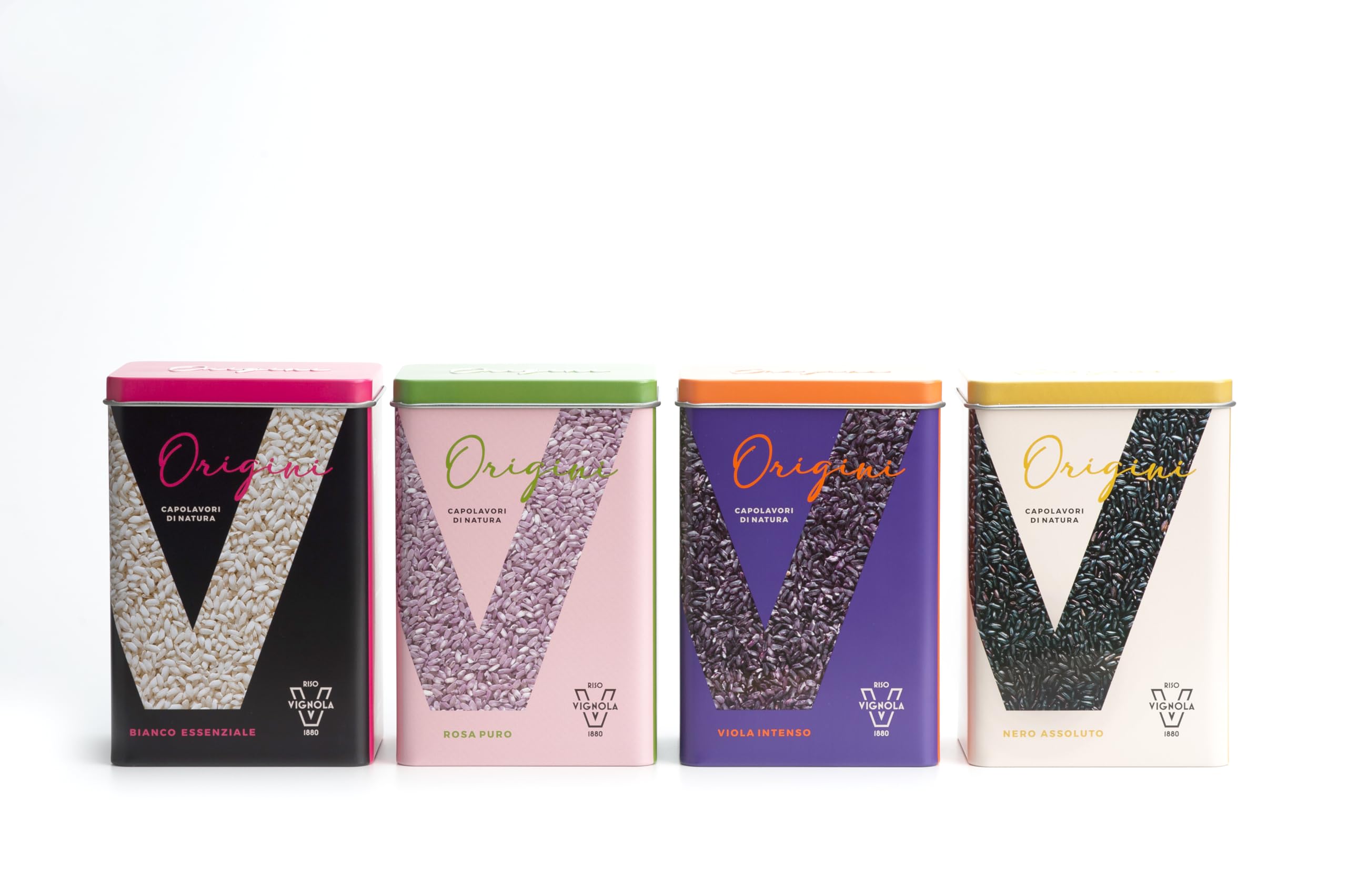 Riso Vignola, Origini, Cofanetto Degustazione Riso, Box Selezione Varietà di Riso Carnaroli e Verelé, Contiene 4 Latte Salvafreschezza da 500gr, Ricettario Incluso