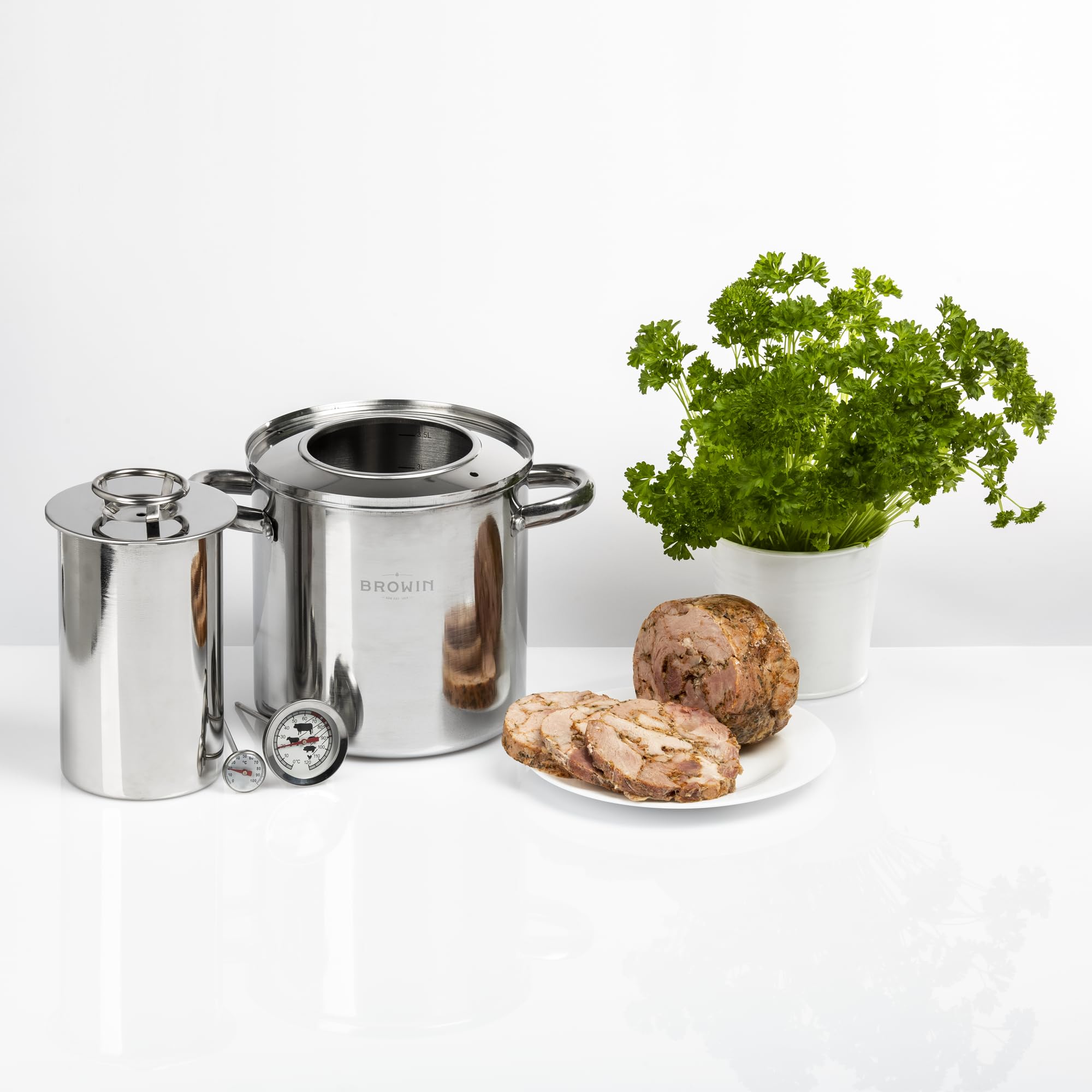 Browin 313016 Kit Complet de 1,5 kg de Réchaud à Jambon Manteau d'eau, avec un Pot de Thermomètre | Pour la Cuisson du Jambon à la Maison | 18/8 en Acier Inoxydable, Argenté