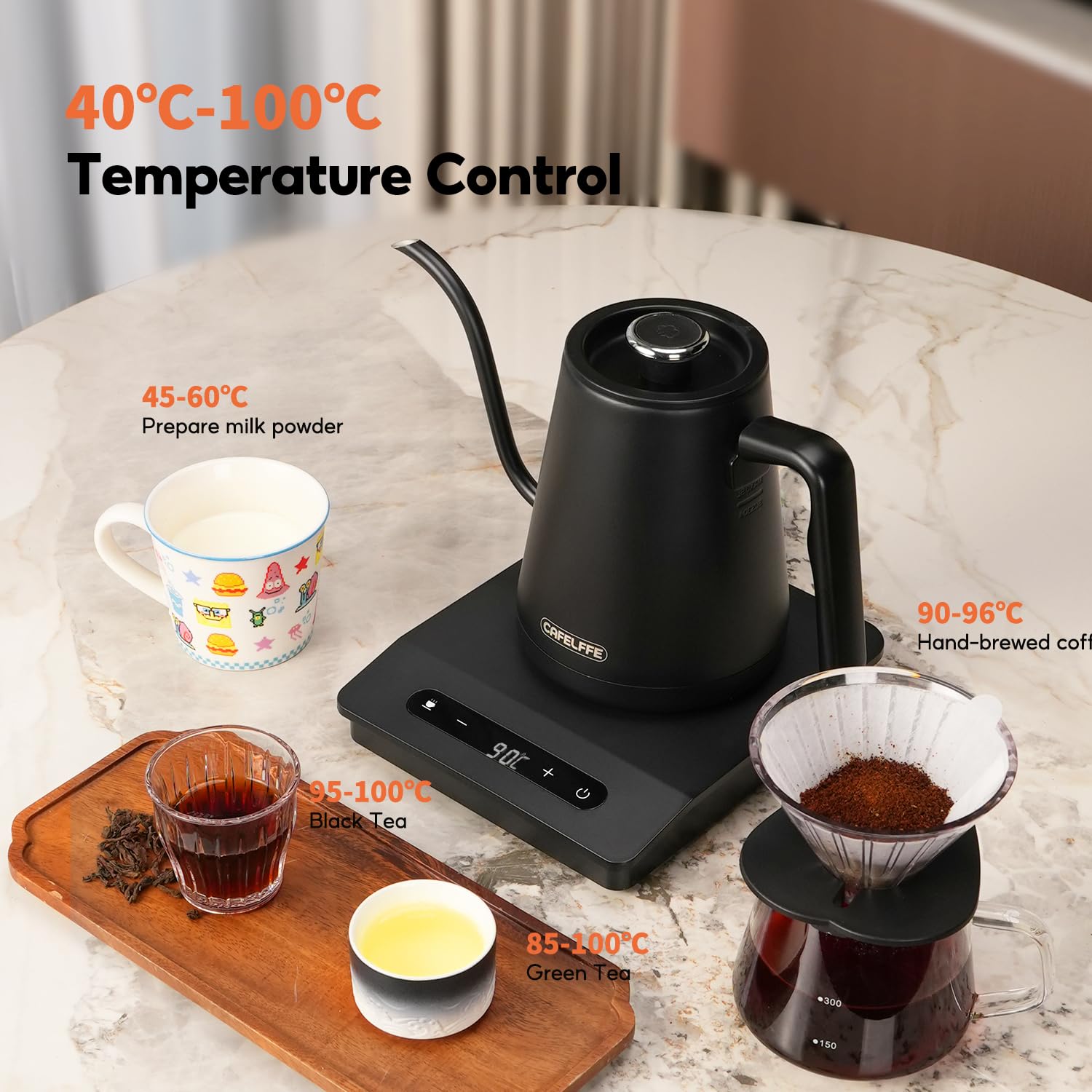 CAFELFFE Elektrischer Schwanenhals-Wasserkocher, Pour-Over-Kaffee- und Teekanne, Edelstahl-Heißwasserspender mit Temperaturregelung und Warmhaltefunktion, 0,8 l, 1500 W, Schwarz, MK-101