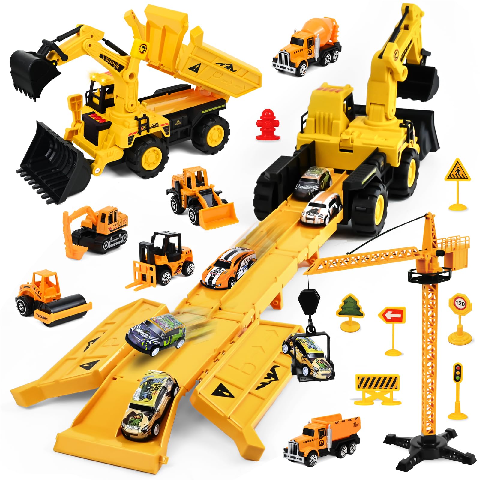 Joellfuner Vehículos de Construcción para Niños, Construcción Camión Vehículos de Juguete para Niños con Efectos de Música y Luces, Excavadora de Juguete Transformable Regalo para 4 5 6 7 8 9 + Años