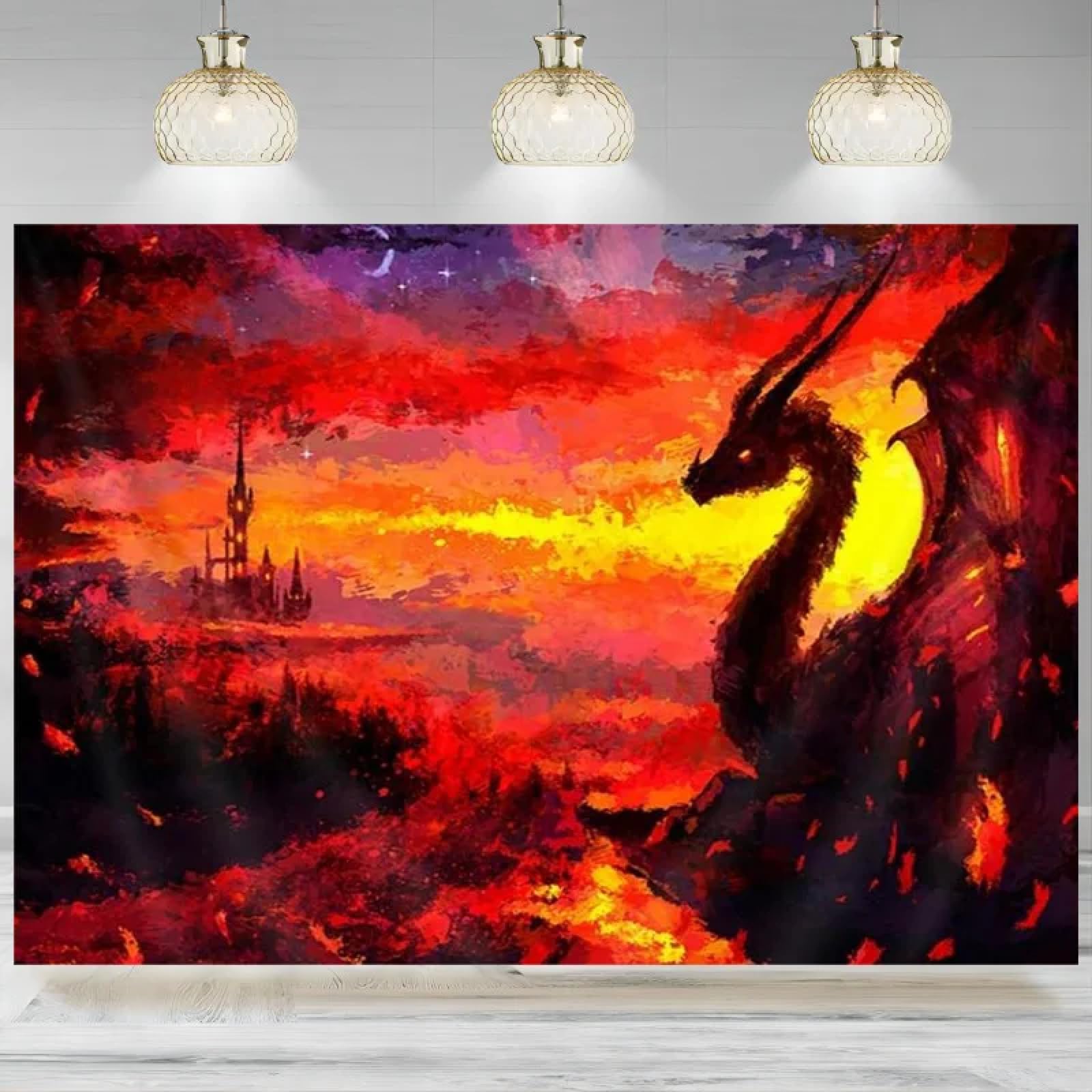 Smok średniowieczny niebieski ogień smok tło plakat gotycki trippy smok tło fotograficzne LivingRo impreza dekoracja bann 440 x 300 cm