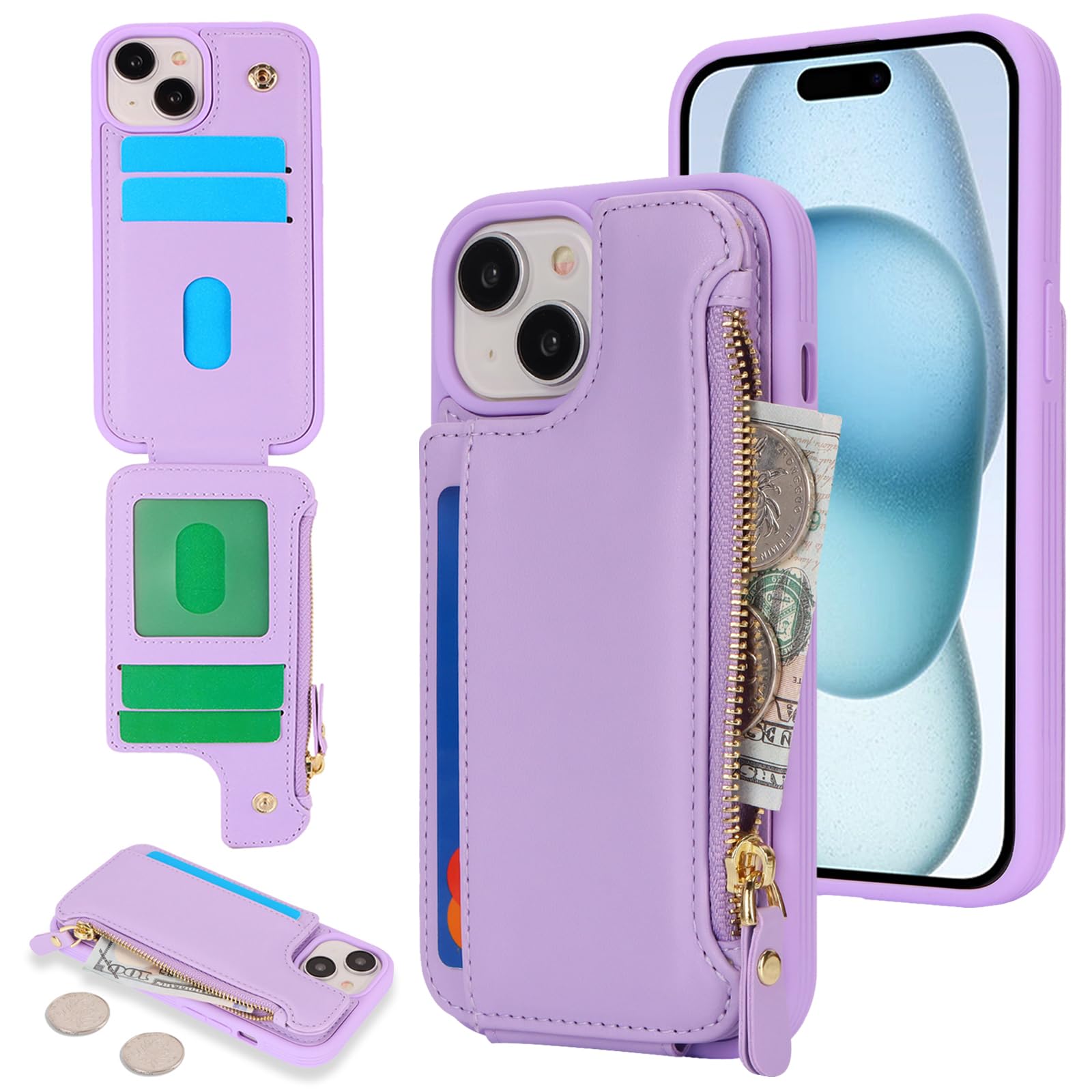 Cavor for iPhone 15 Case with Card Holder,for iPhone 15 Wallet Case for Women,Leather Zipper Pocket Shockproof Protective Phone Cover-Purple