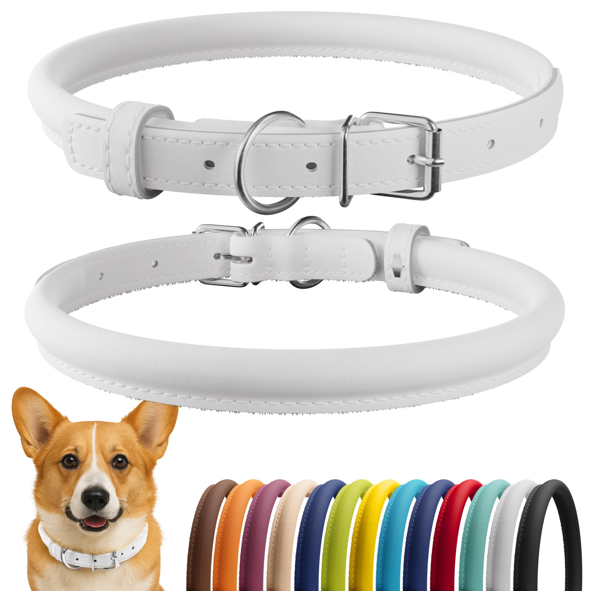 collardirect rolled leather dog collar, soft padded round puppy collar, handmade genuine leather collar dog small large cat collars 13 colors (13-16 inch, white smooth)