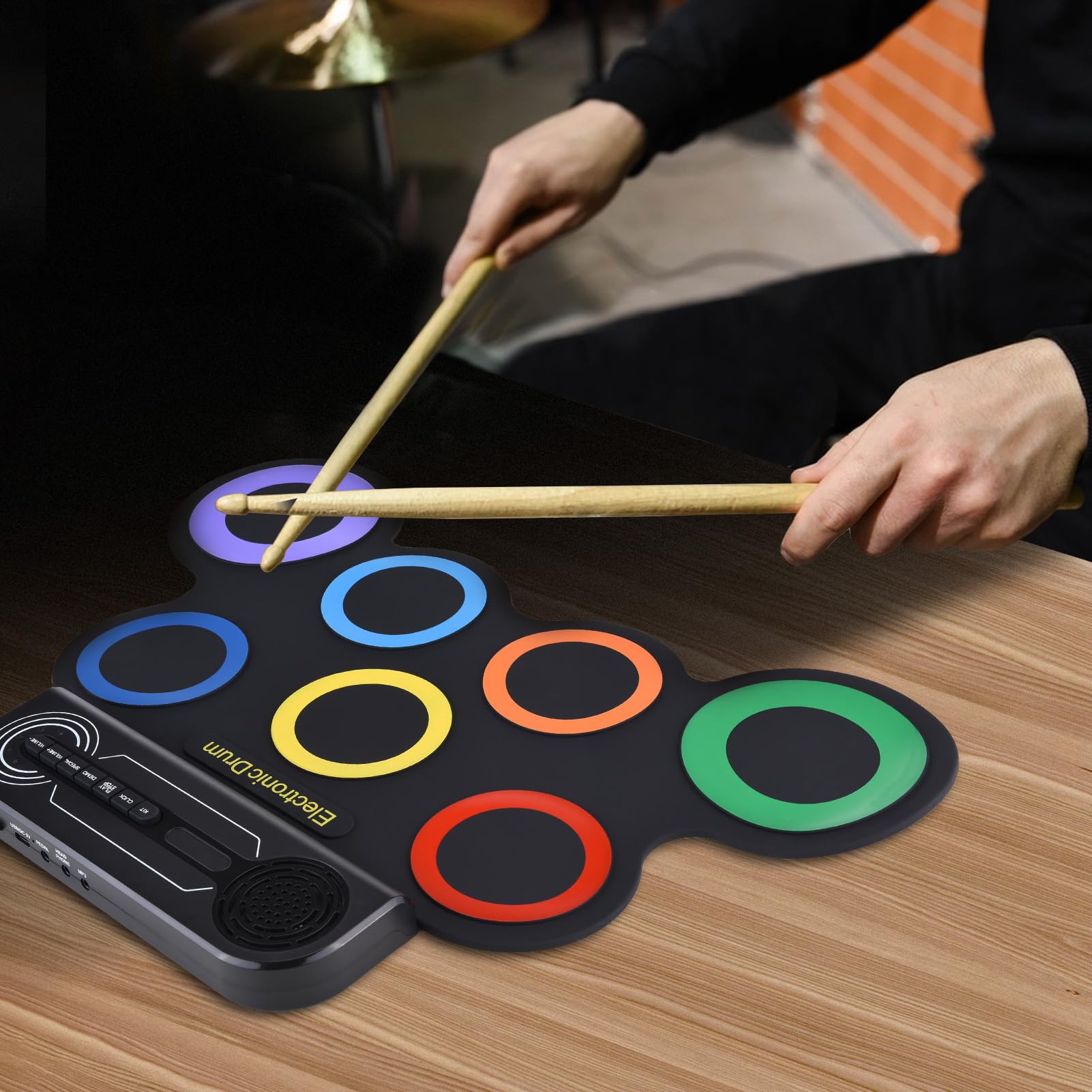 Focket Set di Tamburi Elettrici, Kit di Batteria Elettronico Ricaricabile Ricaricabile con Pedale per Musica Latina Pop Rock, Set di Tamburi Desktop Portatile per Principianti (Colorful)