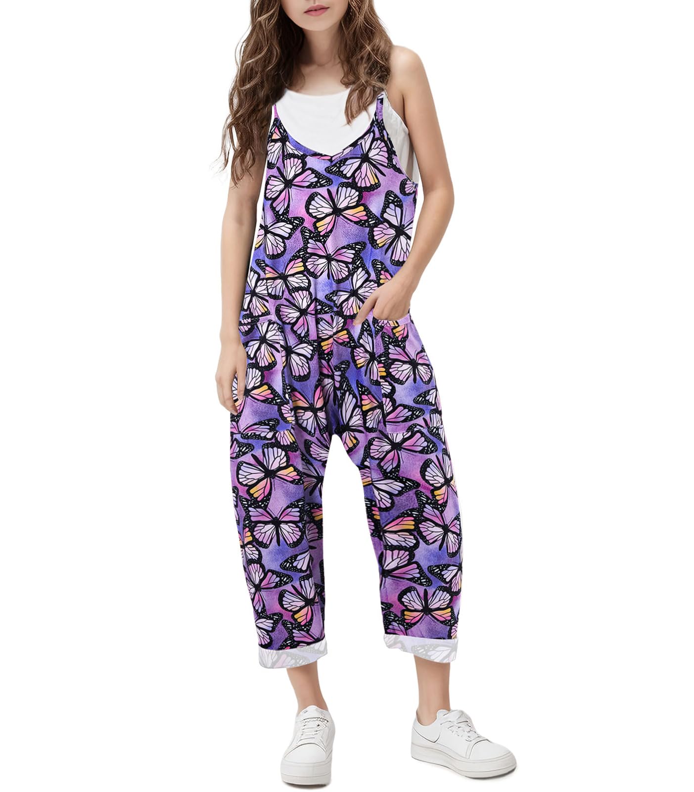 RAISEVERN Jumpsuits for Girls Casual Sleeveless Loose Spaghetti Strap Summer Rompers Long Pants with Pockets