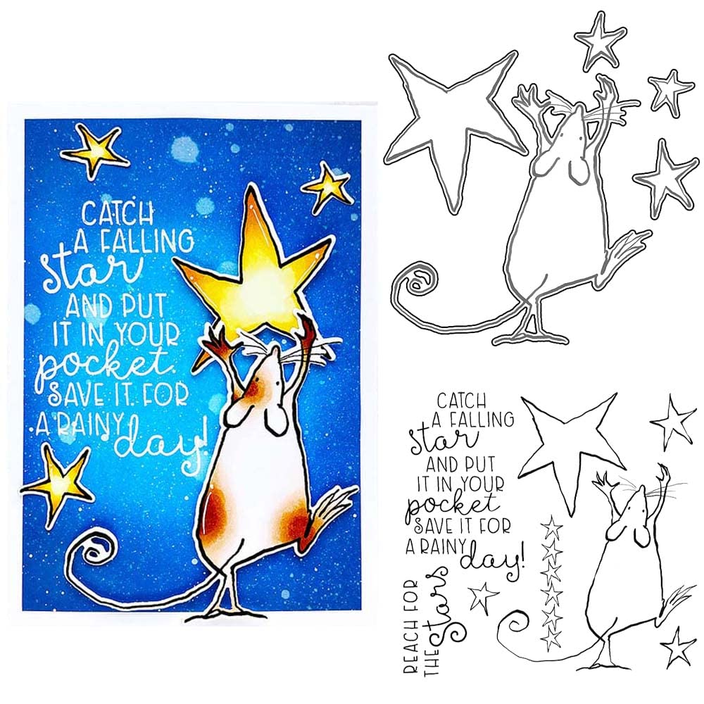 Mice Catch A Falling Star Dies and Stamps Sets for Card Making DIY Scrapbooking Reach for The Stars Words Transparent Silicone Stamps for Paper Crafting Metal Stencil Die Cuts Punch Template Moulds