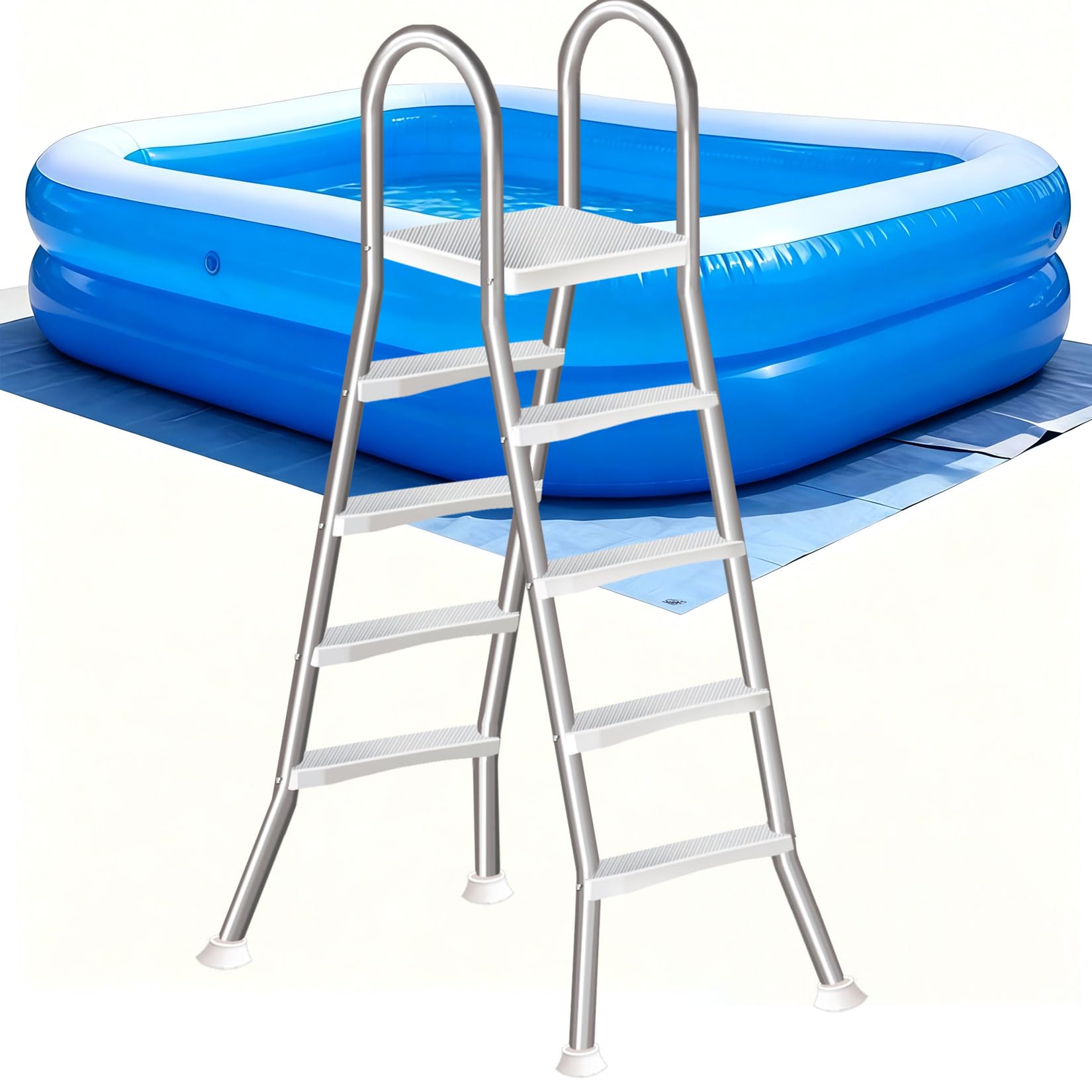 LHFJ 135cm Above Ground Pool Ladder 4 Step Steel A-Frame Swimming Pool Entry Exit Ladder Non Slip Wide Steps, Sturdy Heavy Duty Support Frame Weight Capacity 250kg,135CM