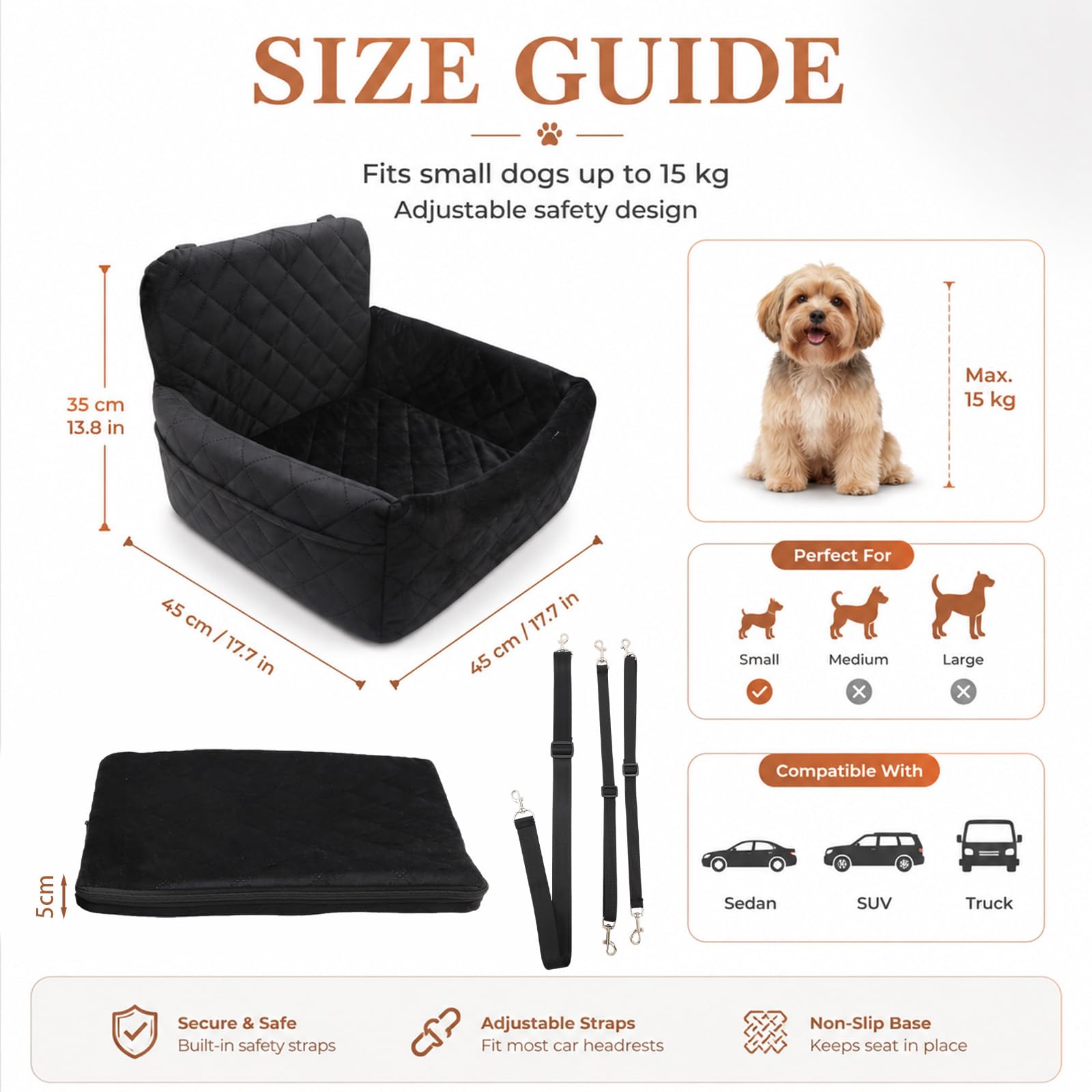 Asiento de coche para perros pequeños y medianos de menos de 15 kg, asiento para perros extraíble y lavable, con 2 cinturones de seguridad, asiento elevador para perros (negro)