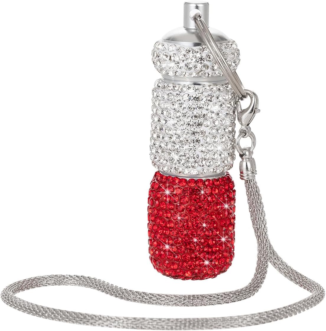 Dual-Compartment Small Pill Holder Keychain Bling Pill Container with Key Chain Travel Pill Organizer Medicine Box for Women (White+Red)