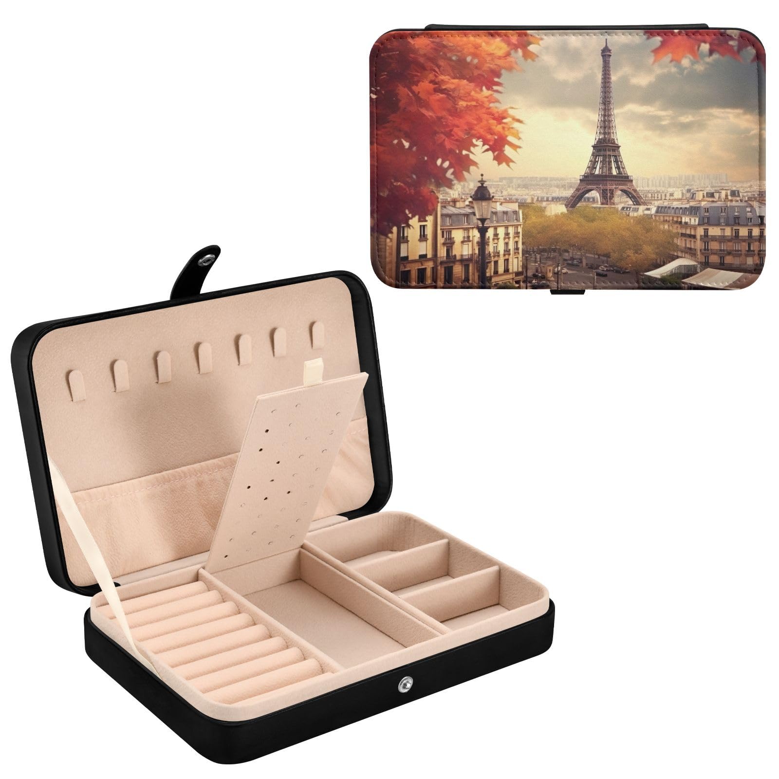 Haskirky Autumn Eiffel Tower Jewelry Box Portable PU Leather Travel Jewelry Organize for Women Jewelry Storage Display Holder for Ring, Necklace, Earring