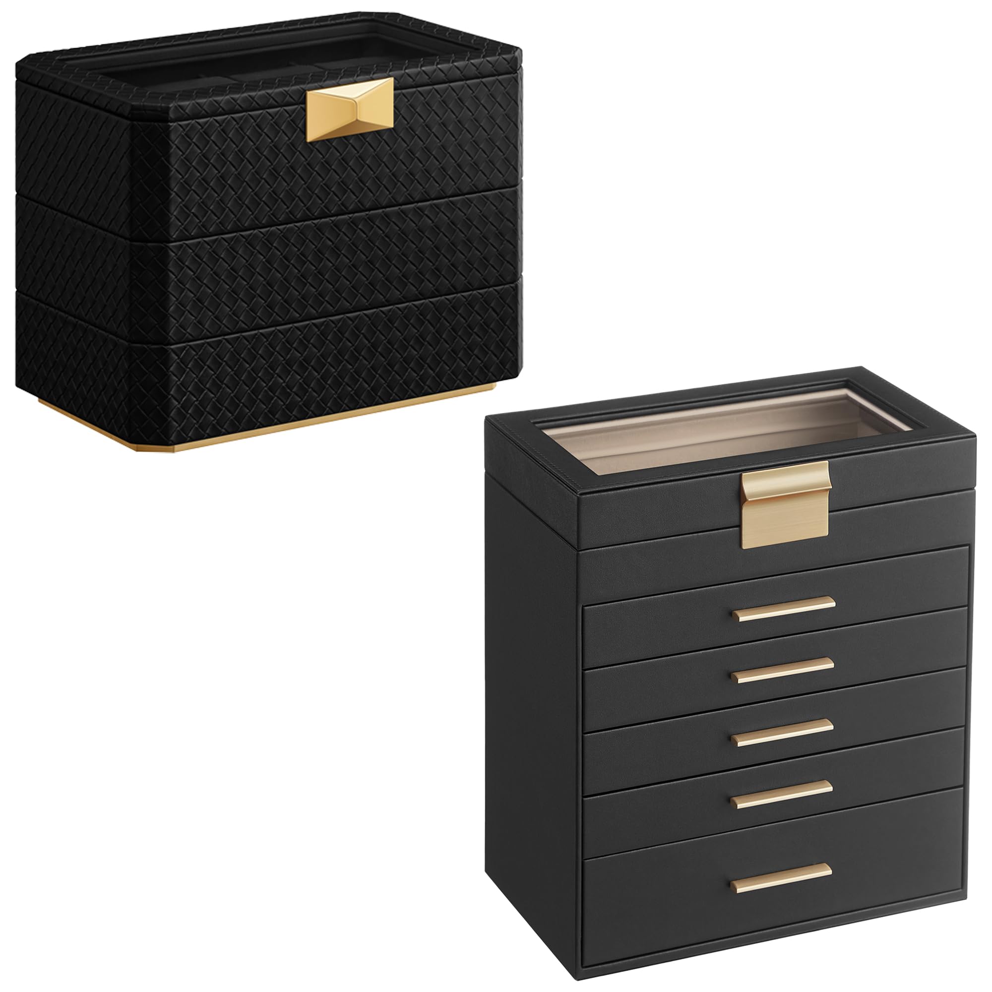SONGMICS Jewelry Box with Glass Lid Bundle with 3-Tier Watch Box, Jewelry Storage, Stackable, Floating Effect, Gift Idea, Graphite Black and Ink Black UJBC171B01 and UJWB021B01