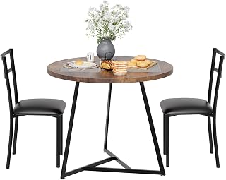 Garvee Juego de Mesa y Sillas Comedor, 1 Mesa Redonda + 2 Sillas para Cocina Salón, Color Retro Marrón, Dimensiones: Mesa 80×67×75 cm/Silla 39×45×84 cm