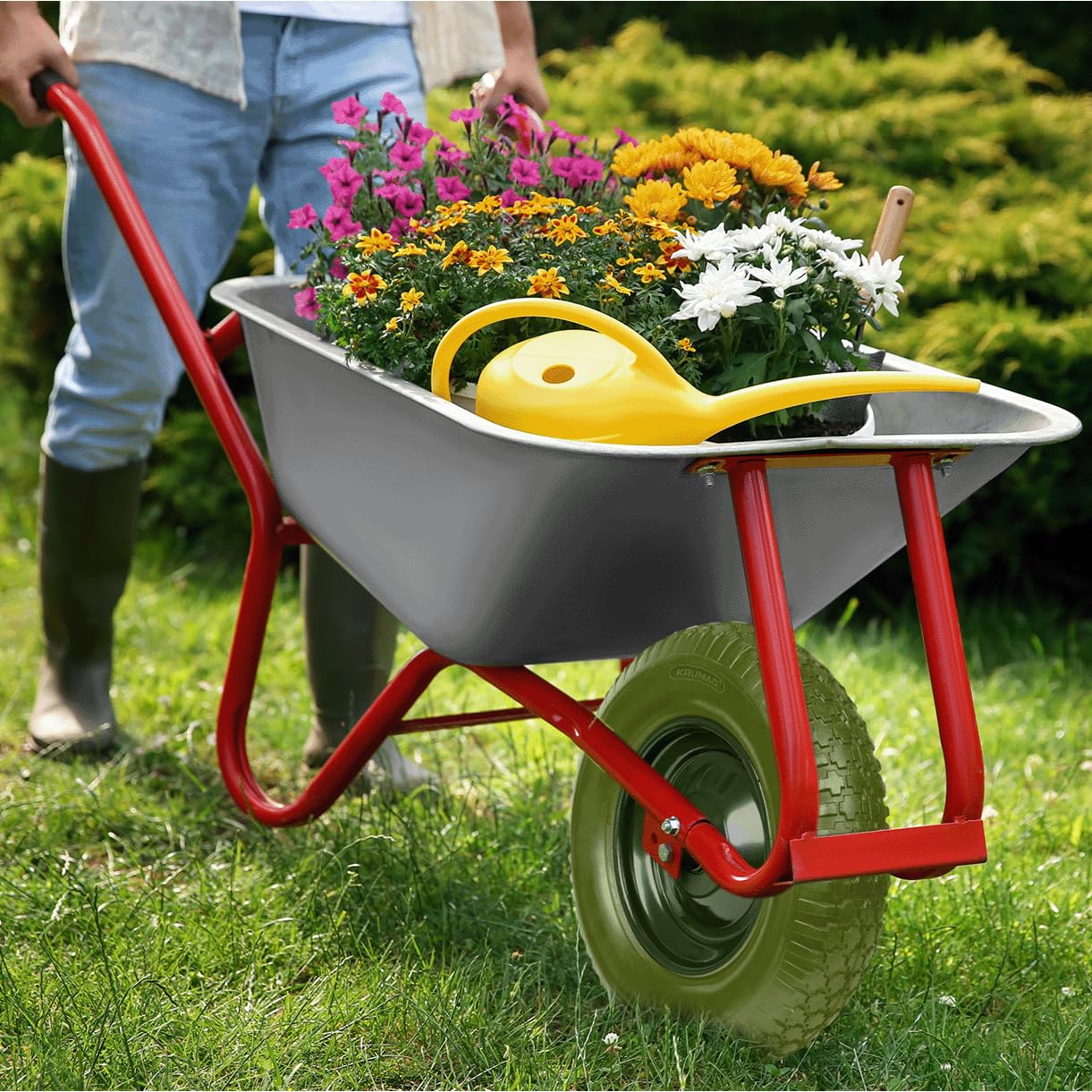 KRUMAD Lot de 2 roues de brouette en mousse PU 4,80/4,00-8 jusqu'à 180 kg avec essieu - Anti-crevaison - Sans entretien - Jante en acier - Double roulement à billes - Roue de rechange pour brouette et