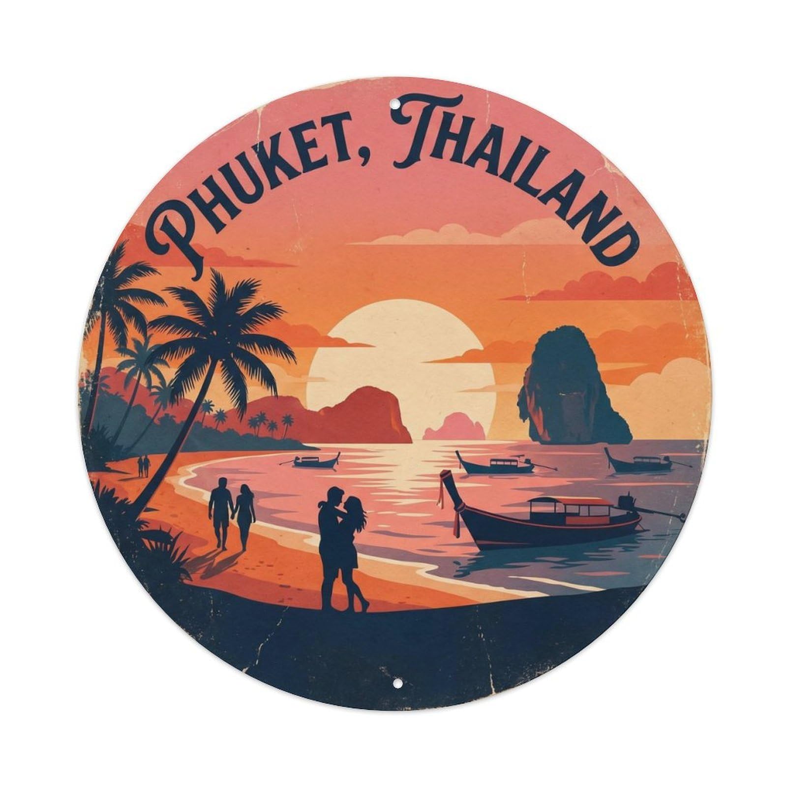 Resort Travel Phuket Sunset Beach Retro Island Night Vintage Metal Tin Sign Plaque Wall Decor for Cafe, Club Bar, Office, Garden Metal Poster 8x8Inch