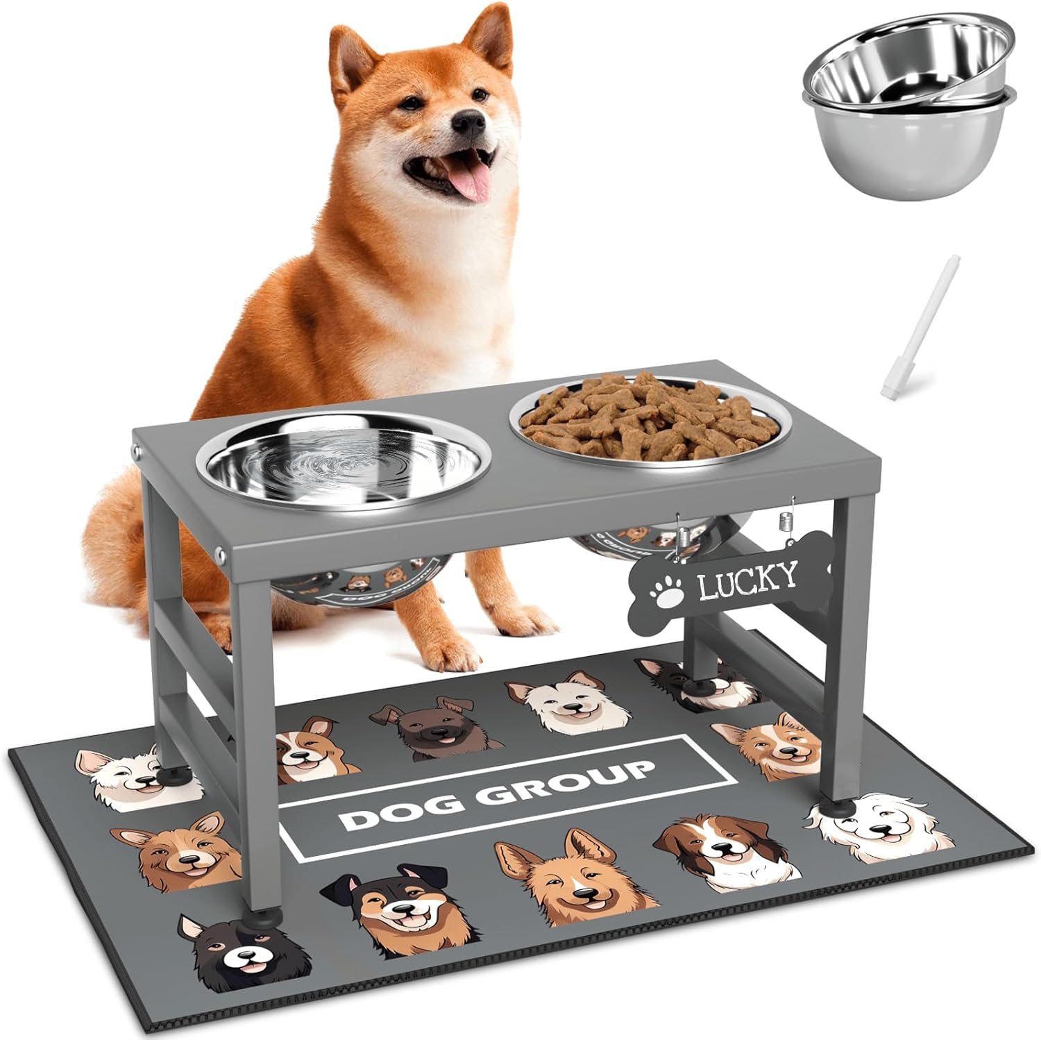 Elevated Dog Bowls, 10" Tall Height, Raised Bowl Stand with 2 Stainless Steel Food Feeder Bowls (58oz) and Spill-Proof Mat for Medium Large and Small Breeds, Grey Height: 10in Grey-L