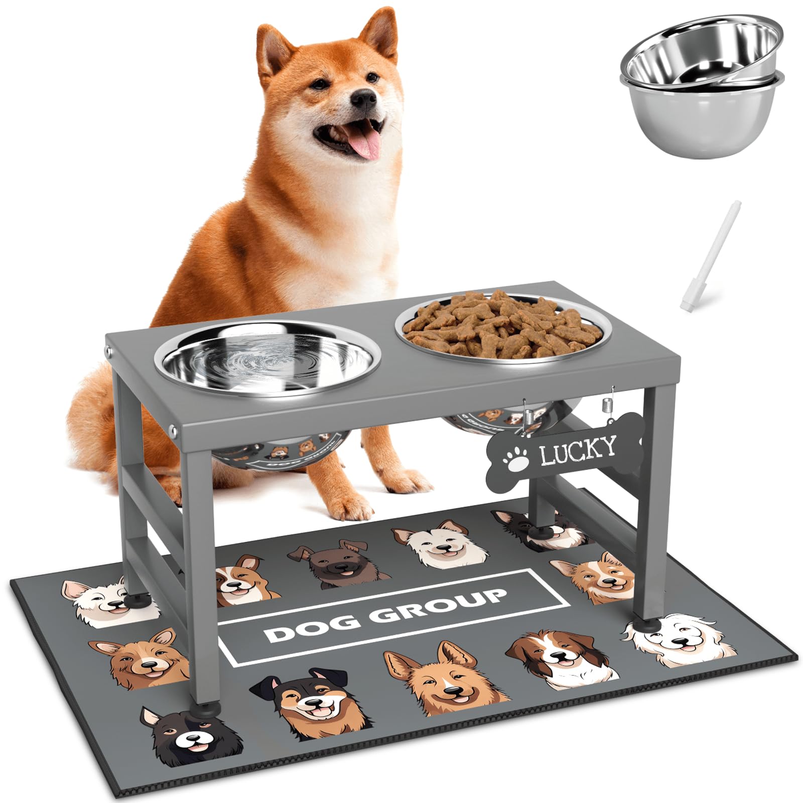 ADENGL Elevated Dog Bowls, 10" Tall Height, Raised Bowl Stand with 2 Stainless Steel Food Feeder Bowls (58oz) and Spill-Proof Mat for Medium Large and Small Breeds, Grey
