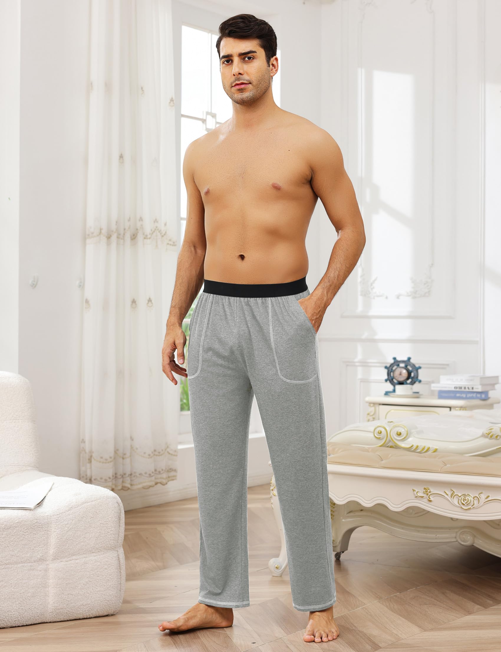 Pantalón de Pijama para Hombre Largo Algodón Pantalones Casuales Pantalón de Dormir Color Sólido Pantalon Pijama Hombre con Bolsillos y Cintura Elástica