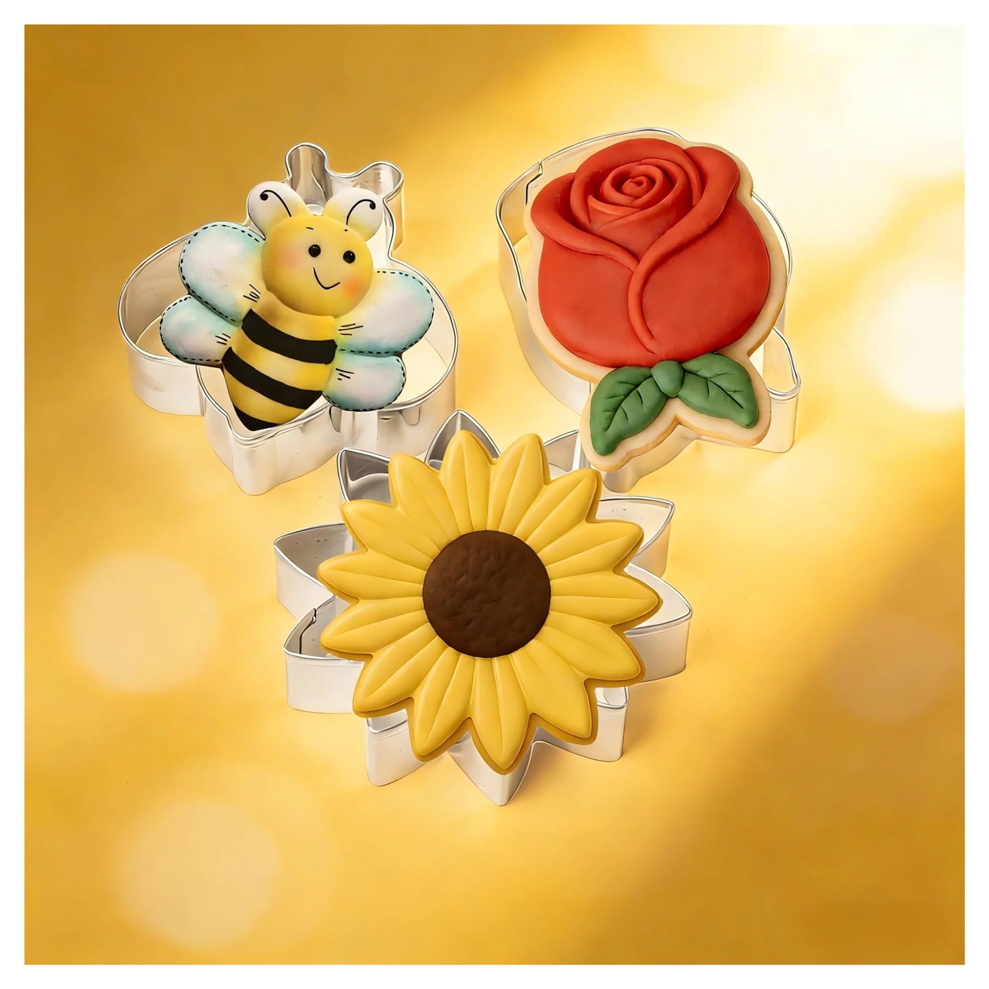 Juego de cortadores de galletas, 3 uds., moldes de acero inoxidable con temática de flor de abeja for fiesta en el jardín, té de la tarde, decoración de postres, horneado DIY