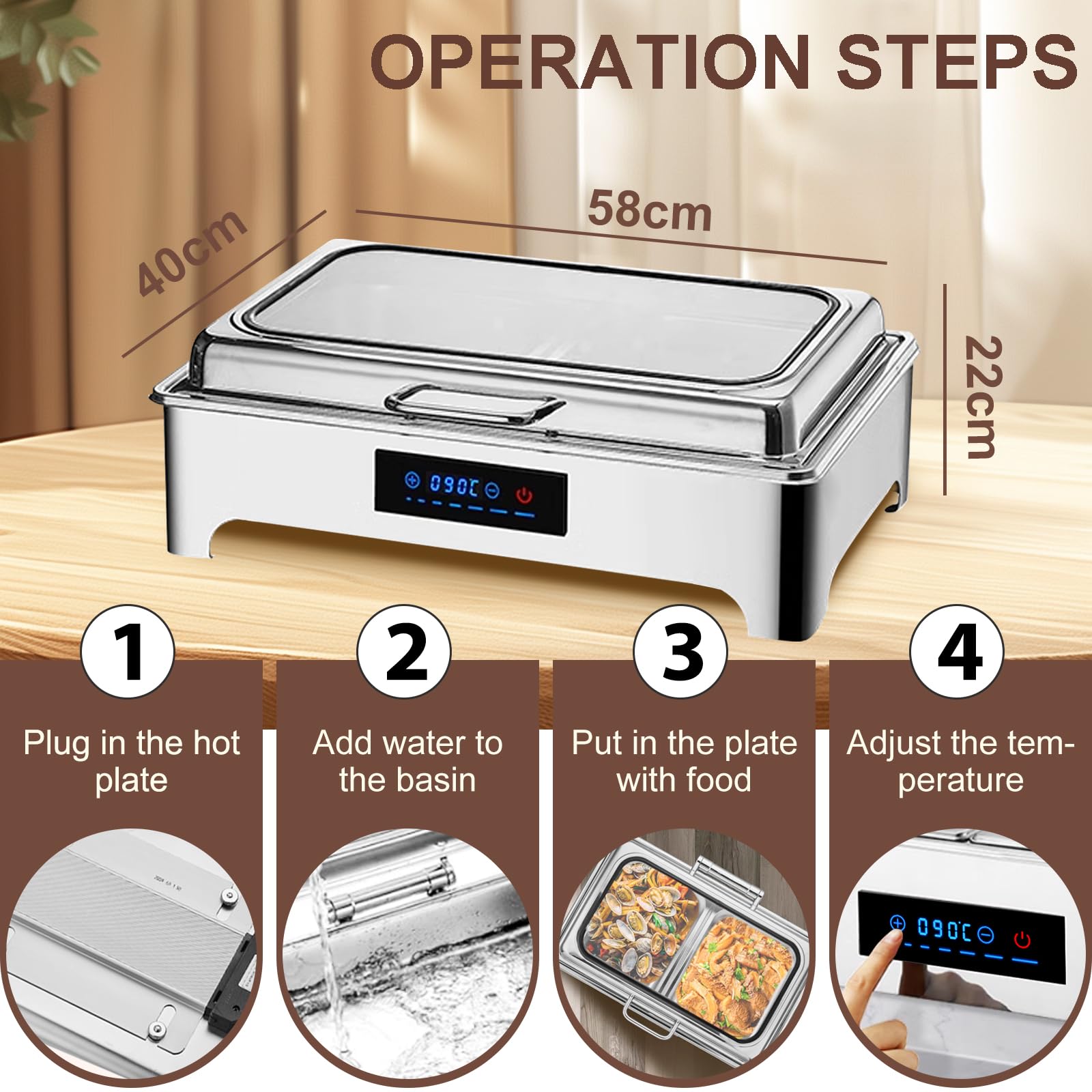 9L Chafing Dish Electrico para Buffet, Chafing Dish Calentador de Comida Electrico para Buffet, Calentador de Buffet de Acero Inoxidable con Vidrio Visual, Temperatura Ajustable (1/1)