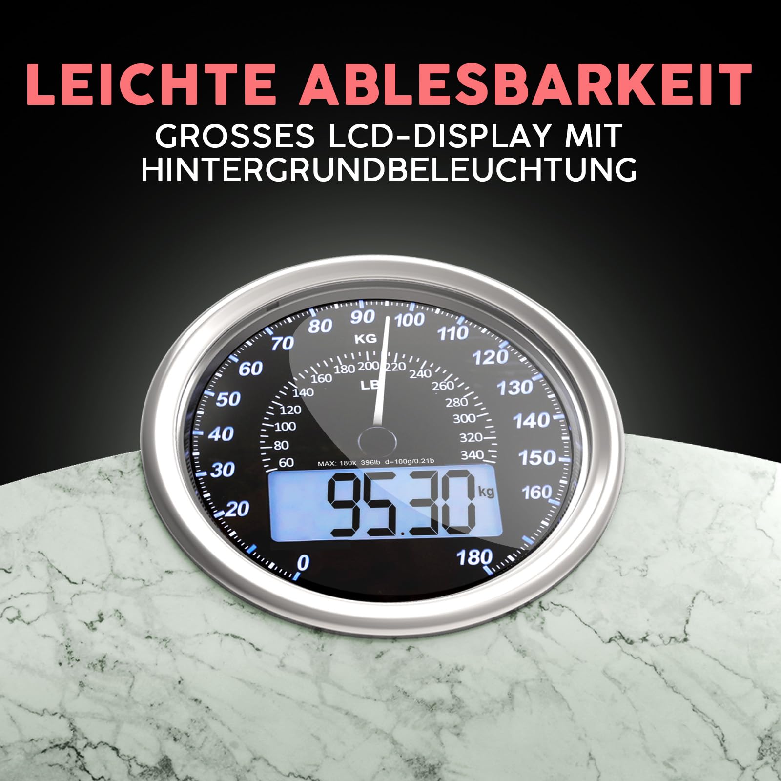 Hybrid Personenwaage - Analog & Digital, Präzise bis 180 kg | Gewicht auf Analogzifferblatt und LCD ablesen. Breite Glasplattform, 3 AAA Batterien inklusive, sofort einsatzbereit.