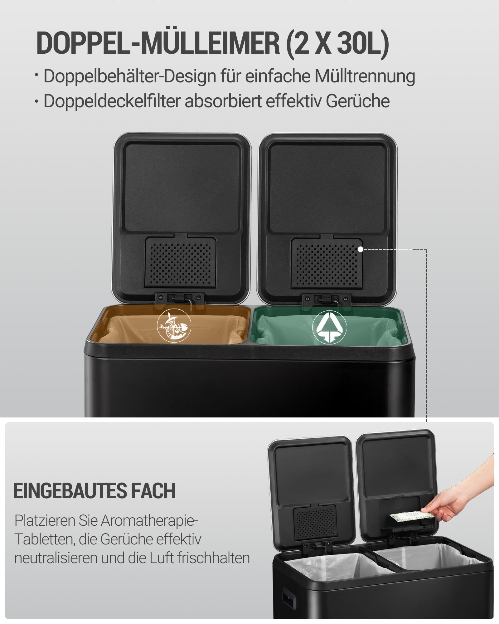 Hzuaneri Mülleimer Küche, Mülltrennsystem 2 Fächer 60L (2 x 30 L), Edelstahl-küchenmülleimer, Tretmülleimer mit Farbcodierbaren Pedalen, Abfalleimer Ruhiger Langsamer Abstieg, Schwarz SW23099B